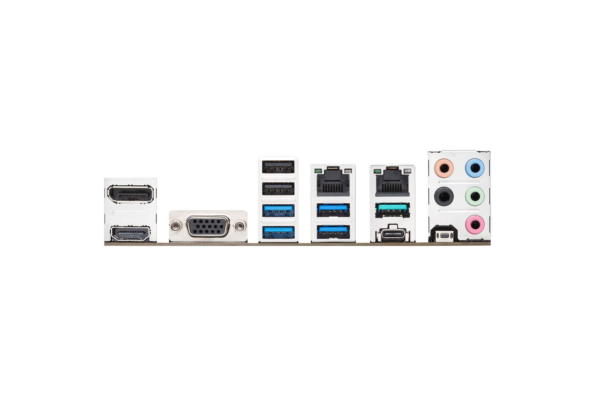 Rückseite eines Motherboards mit verschiedenen Anschlüssen: USB, Ethernet, VGA, HDMI und Audio. Zeigt Anschlussvielfalt.