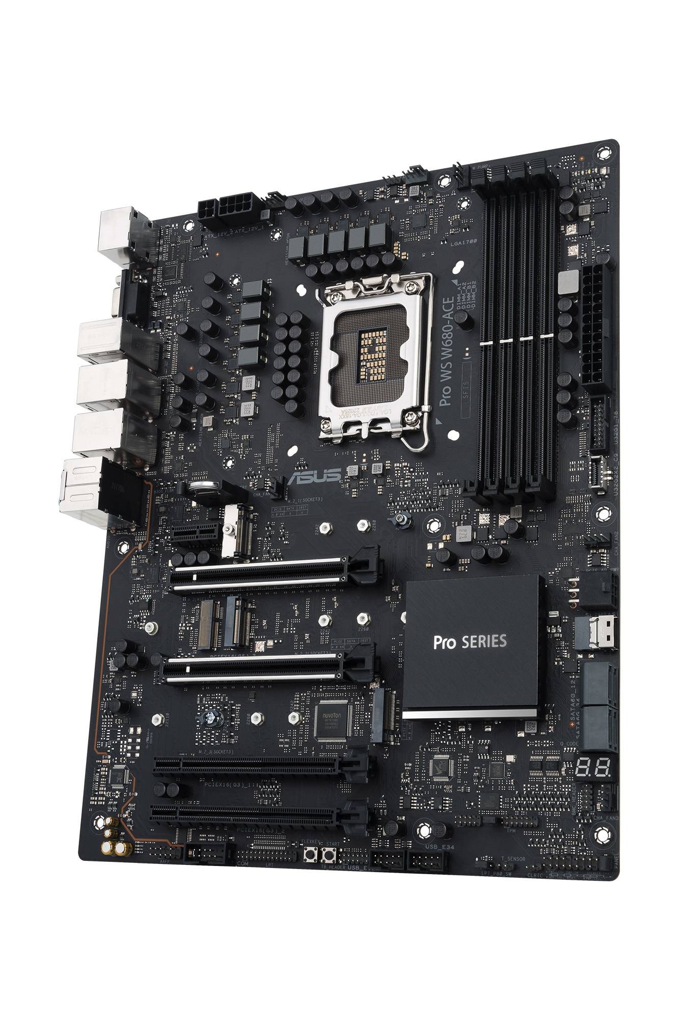 Schwarze Computer-Motherboard-Platine mit mehreren Anschlüssen, Steckplätzen und integrierten Schaltkreisen, zeigt technische Komponenten.