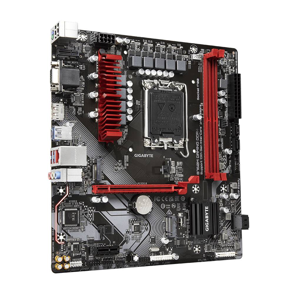Motherboard mit mehreren Anschlüssen und einem CPU-Sockel. Hauptfarben sind schwarz und rot. Markenname ist sichtbar. Geeignet für PCs.