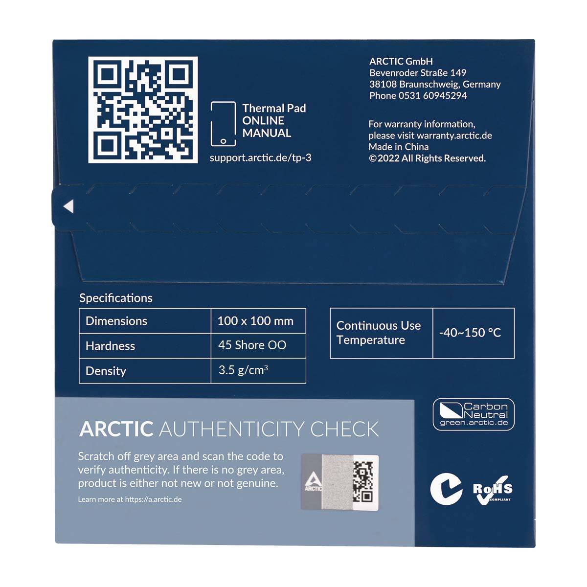 Rückseite einer Verpackung mit Spezifikationen: Maße 100x100 mm, Härte 45 Shore OO, Dichte 3,5 g/cm³, Temperatur -40 bis 150°C. Enthält QR-Code und Kontaktinformationen.