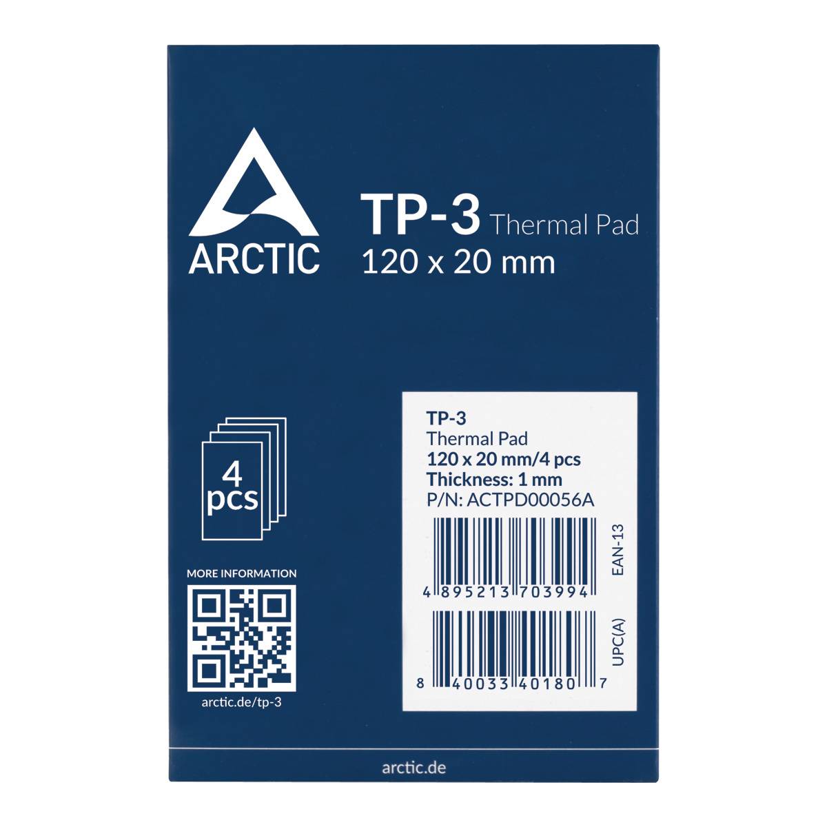 Packung Arctic TP-3 Wärmeleitpad, 120 x 20 mm, Dicke 1 mm, 4 Stück enthalten. Produktinformationen und QR-Code.
