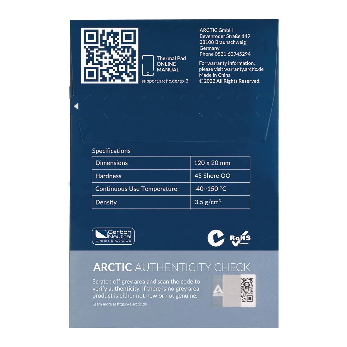 Rückseite einer Verpackung mit technischen Spezifikationen eines Wärmeleitpads, inklusive Abmessungen, Härte und Nutzungstemperatur.