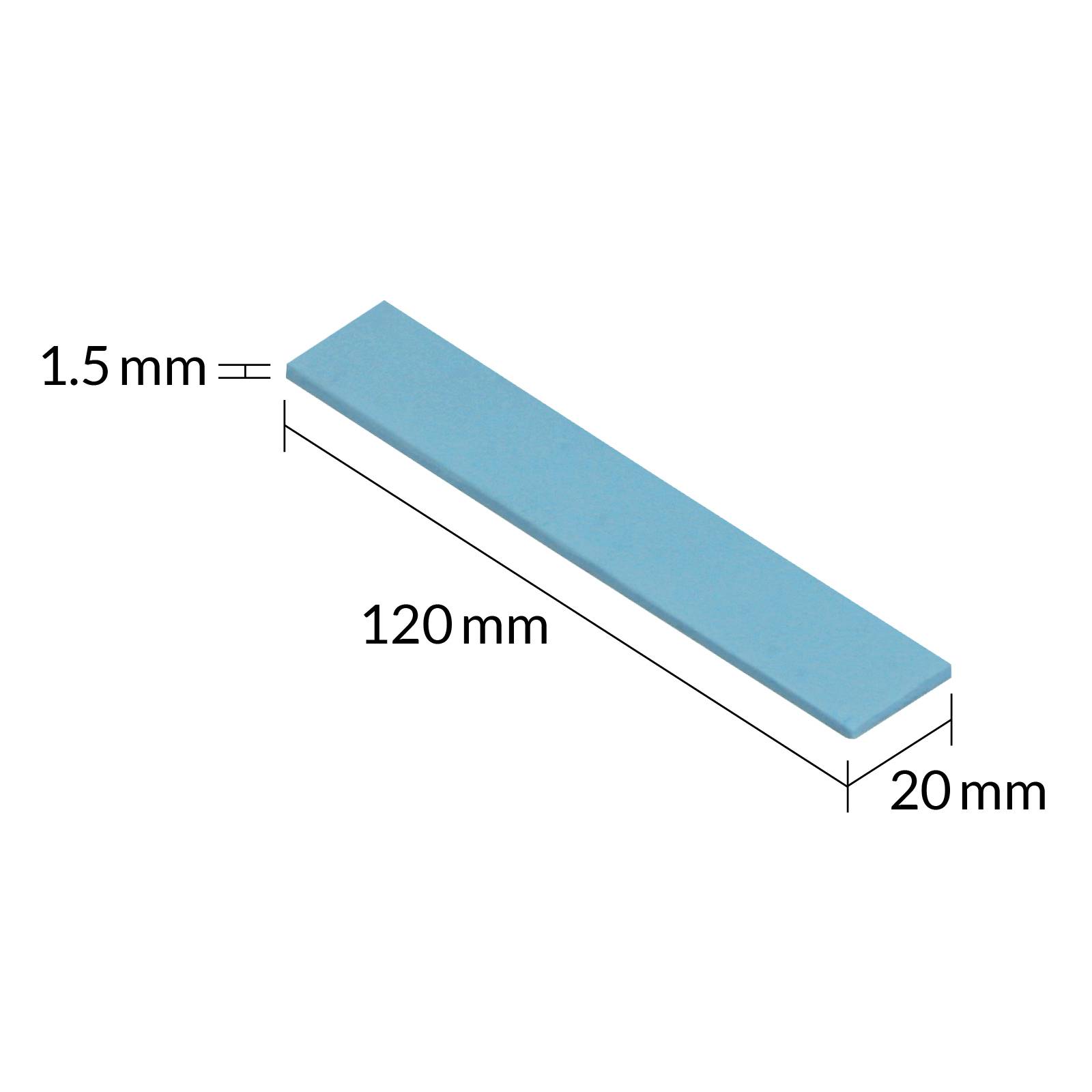 Ein rechteckiger, flacher, blauer Streifen mit den Maßen: 120 mm Länge, 20 mm Breite und 1,5 mm Dicke.