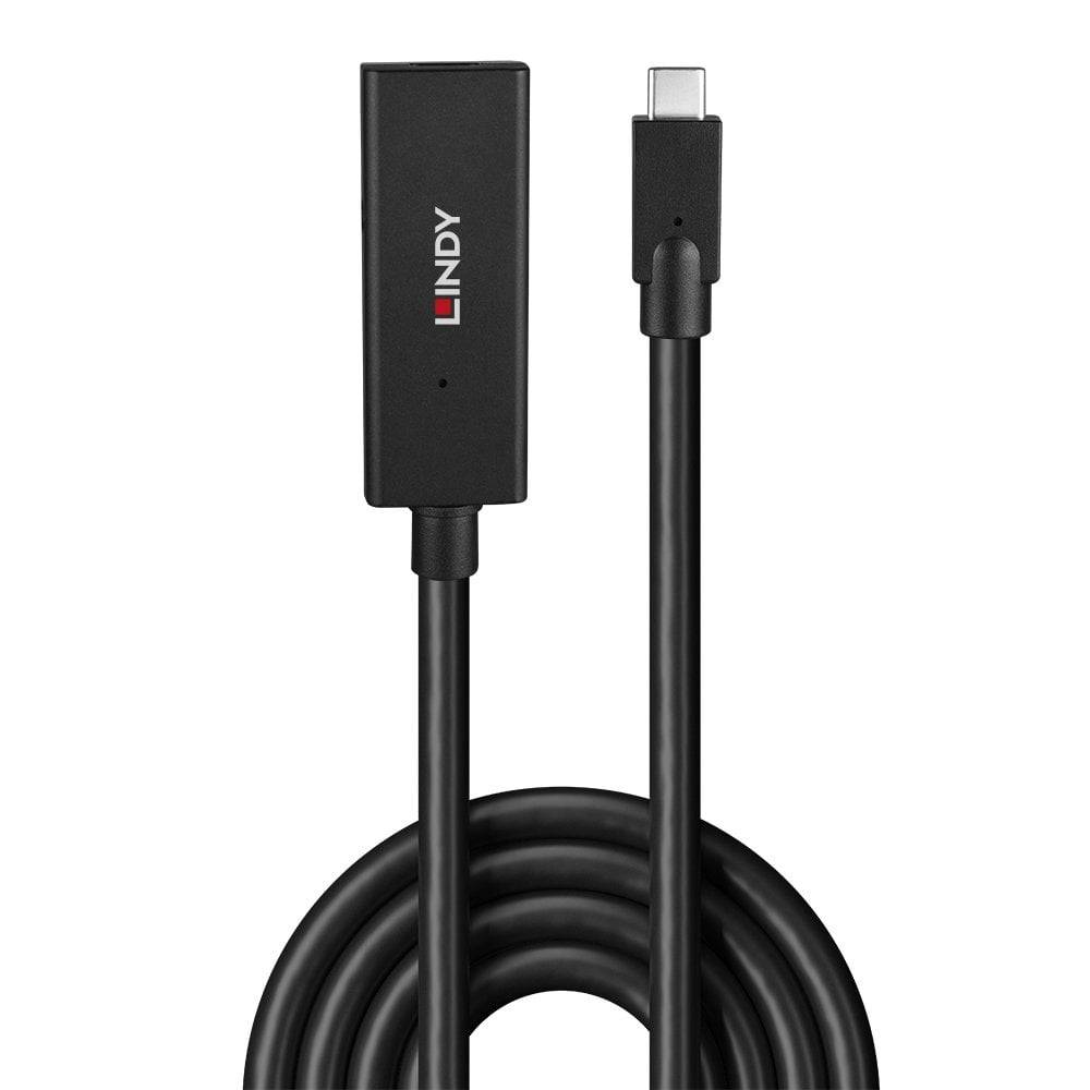 Schwarzes USB-C auf DisplayPort Adapterkabel von Lindy. Ein Endstück mit USB-C-Stecker, das andere mit DisplayPort-Anschluss.