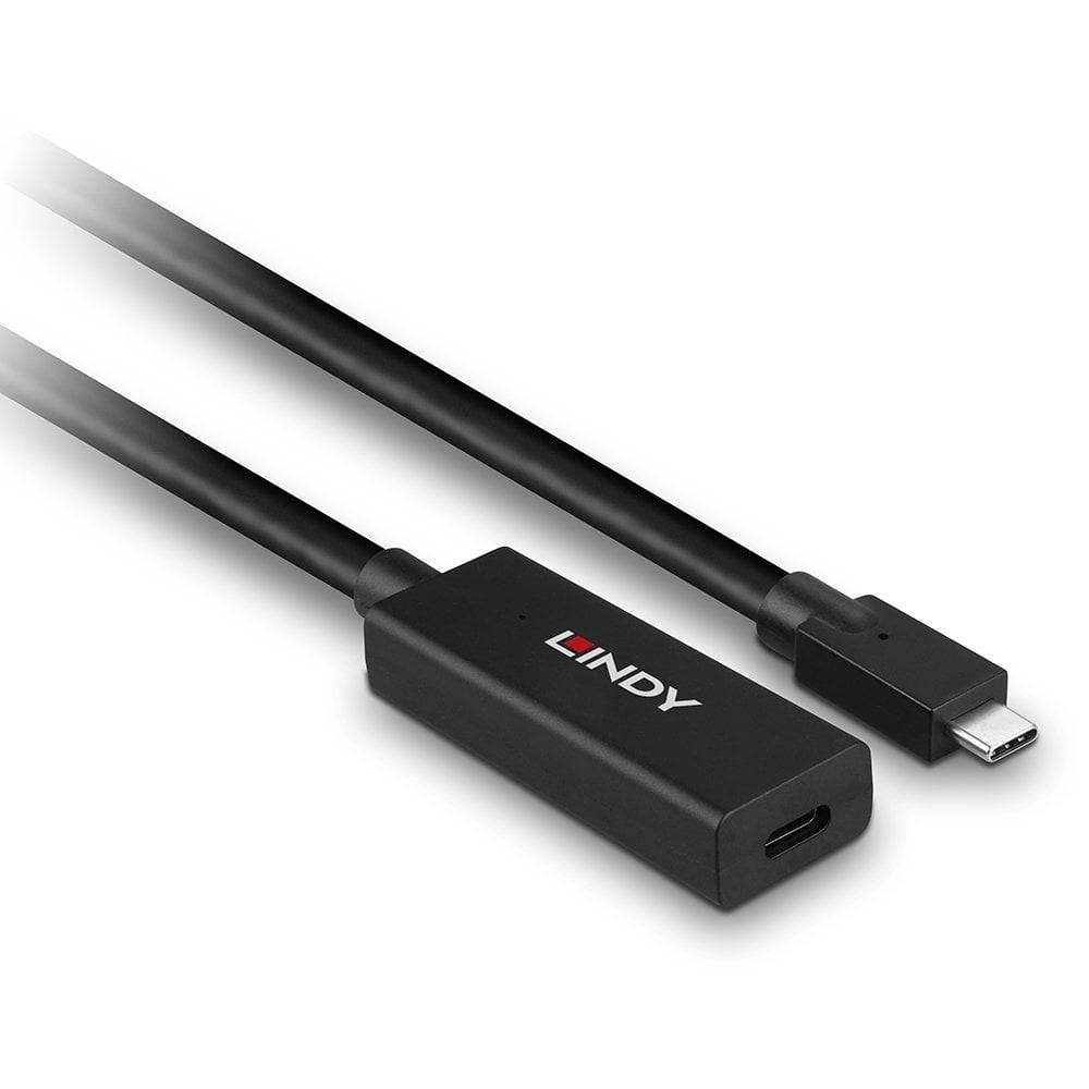 Schwarzes USB-C-Kabel von Lindy mit quadratischem Verlängerungsadapter, geeignet zum Verbinden oder Erweitern von Geräten.