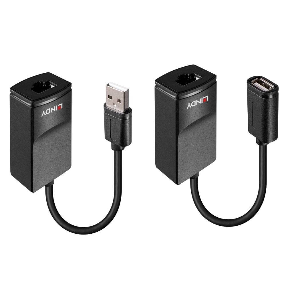 Zwei schwarze USB-Adapter mit RJ45-Anschlüssen, verbunden über kurze Kabel. Einer hat einen USB-A-Stecker, der andere eine USB-A-Buchse.