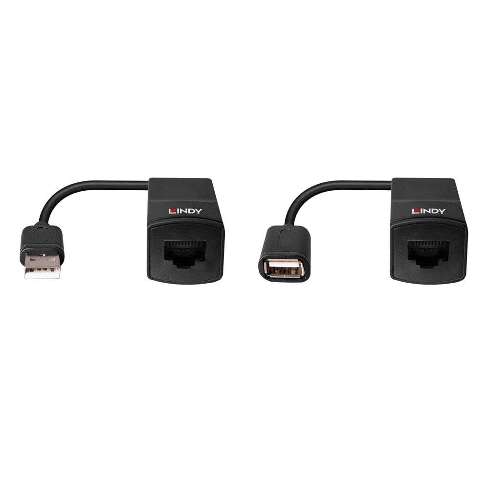 Zwei schwarze USB-zu-Ethernet-Adapter auf weißem Hintergrund. Links mit USB-Stecker, rechts mit USB-Buchse. Beides als Netzwerkverlängerung nutzbar.