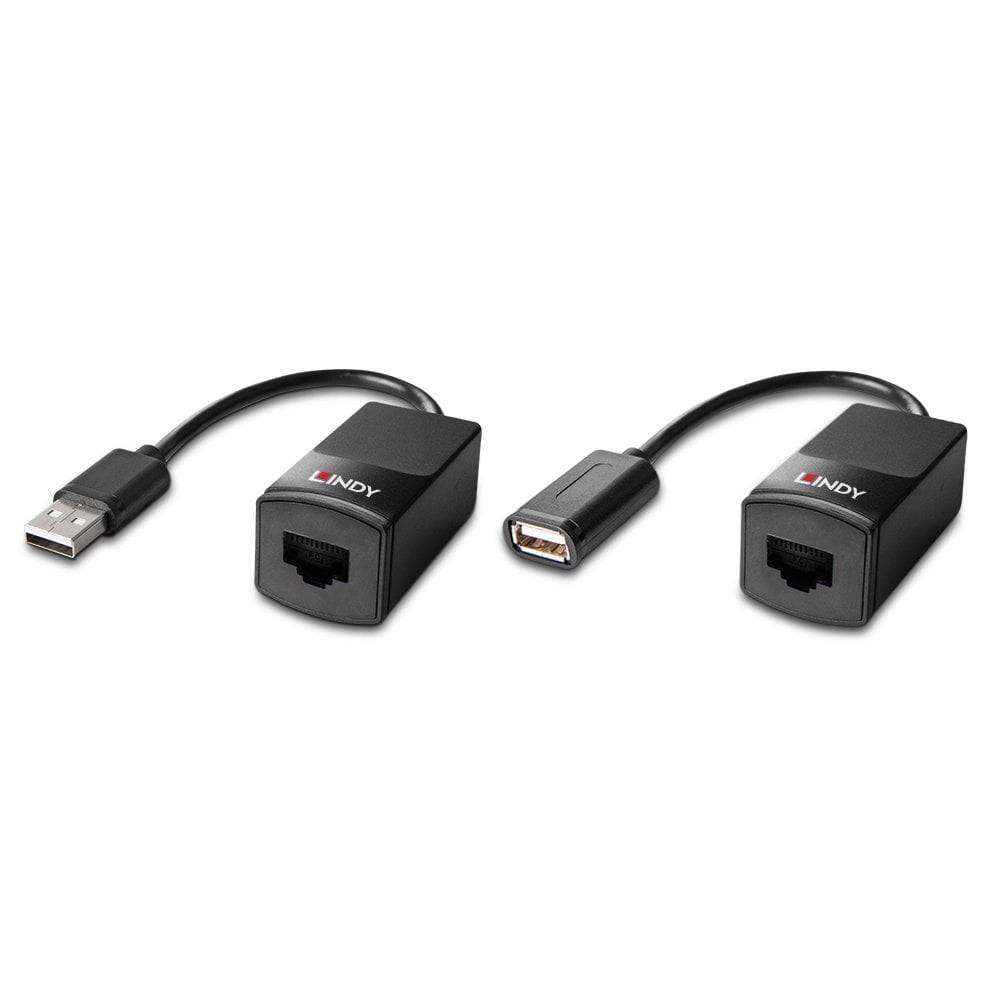 'USB über Cat5 Extender' besteht aus zwei Adaptern zur Verlängerung eines USB-Signals über ein Ethernetkabel, Steckplätze markiert.