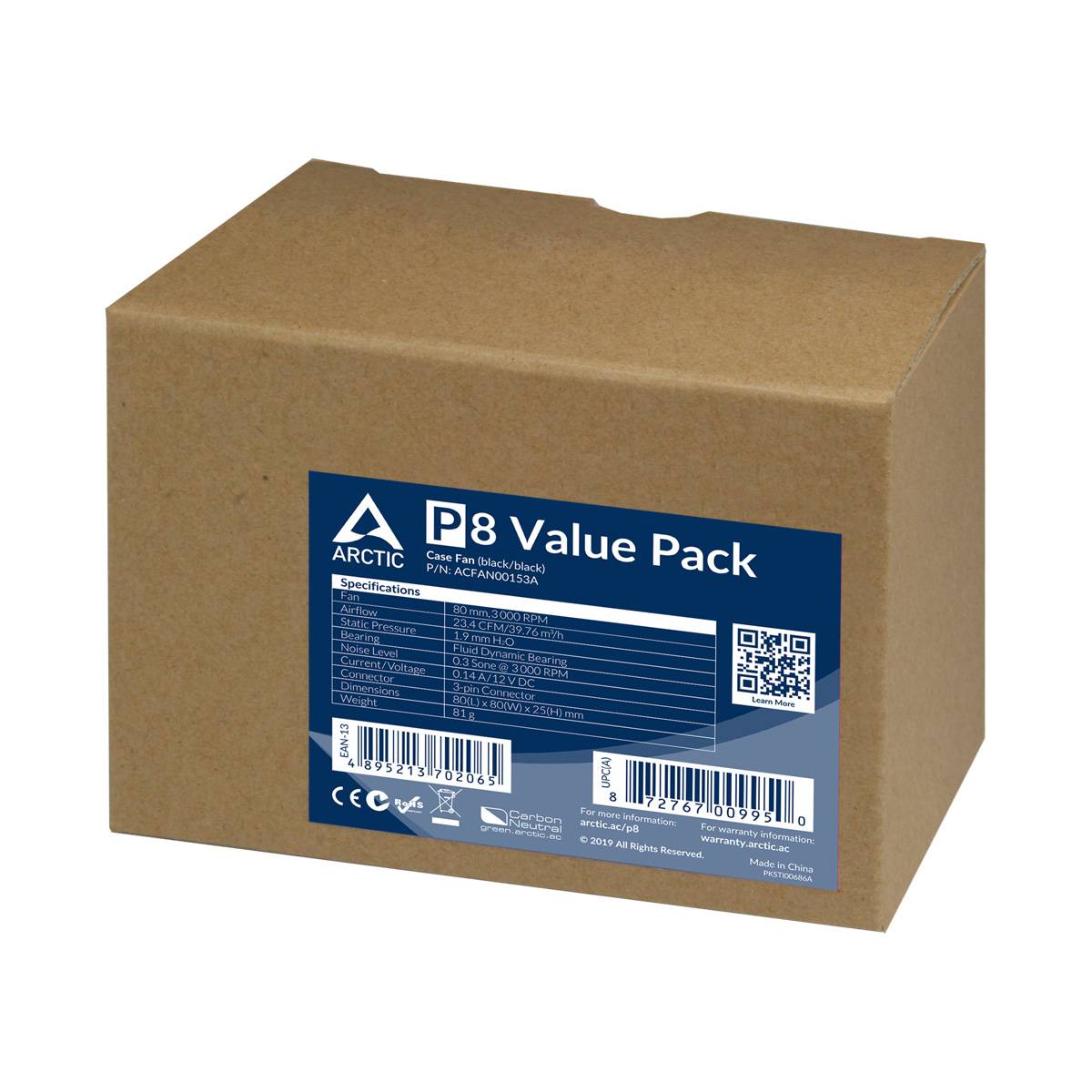 Arctic P8 Value Pack PC-Gehäuse-Lüfter Schwarz (B x H x T) 80 x 80 x 25 mm