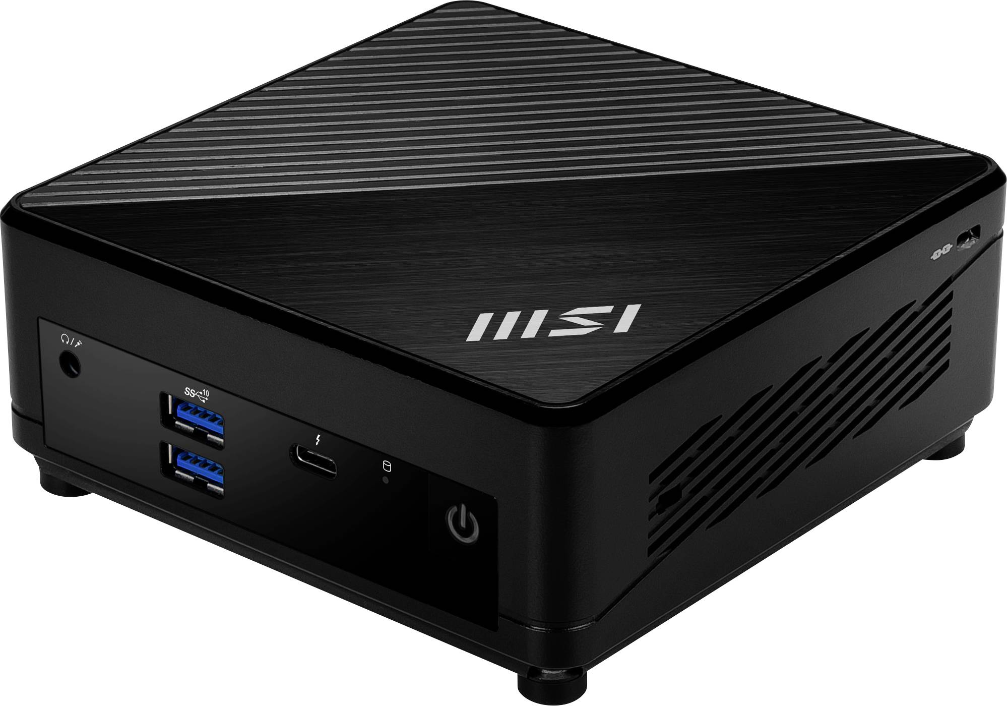 Ein kompakter, schwarzer Mini-PC mit MSI-Logo, verfügt über USB-Anschlüsse und Lüftungsschlitze. Geeignet für Büroanwendungen.