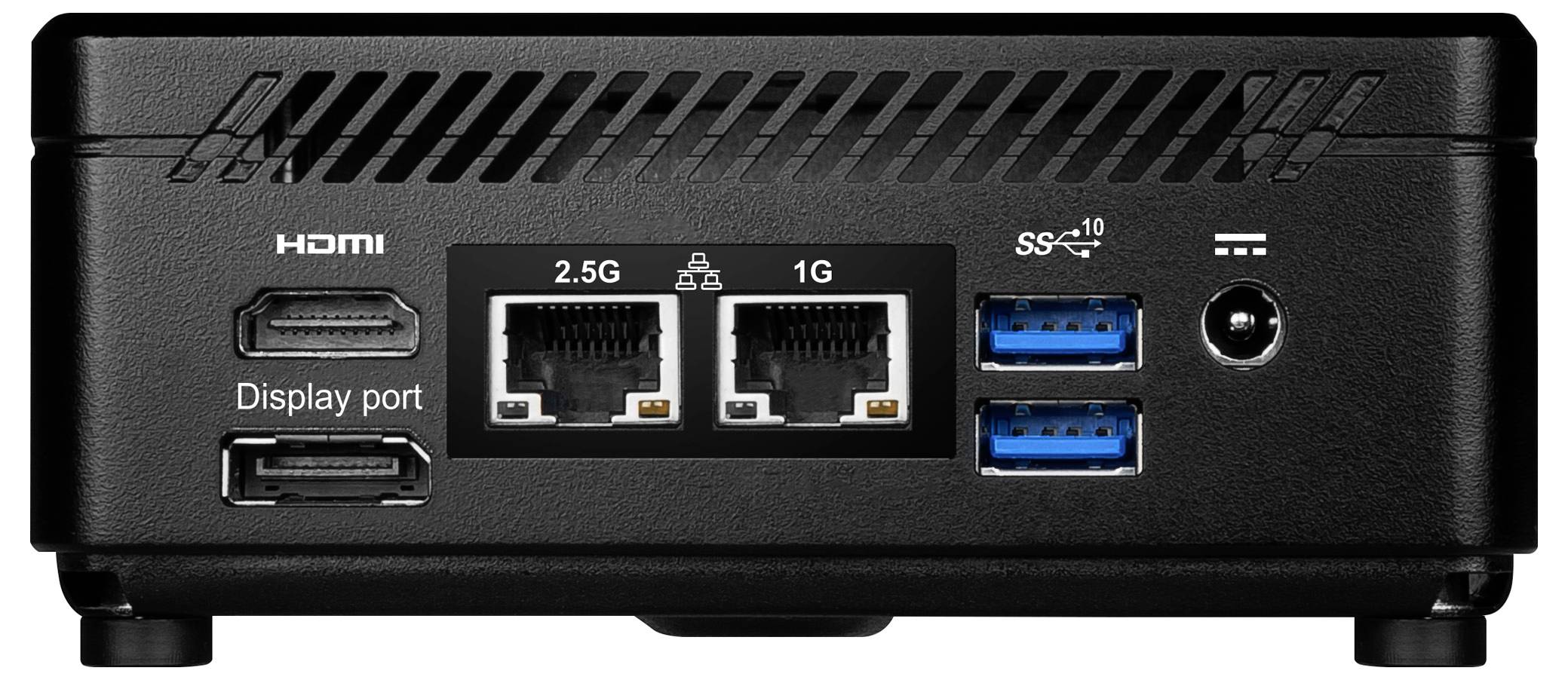Die Rückseite eines kompakten schwarzen Computers mit Anschlüssen: HDMI, DisplayPort, zwei Ethernet-Anschlüsse, zwei USB-Anschlüsse und Stromanschluss.