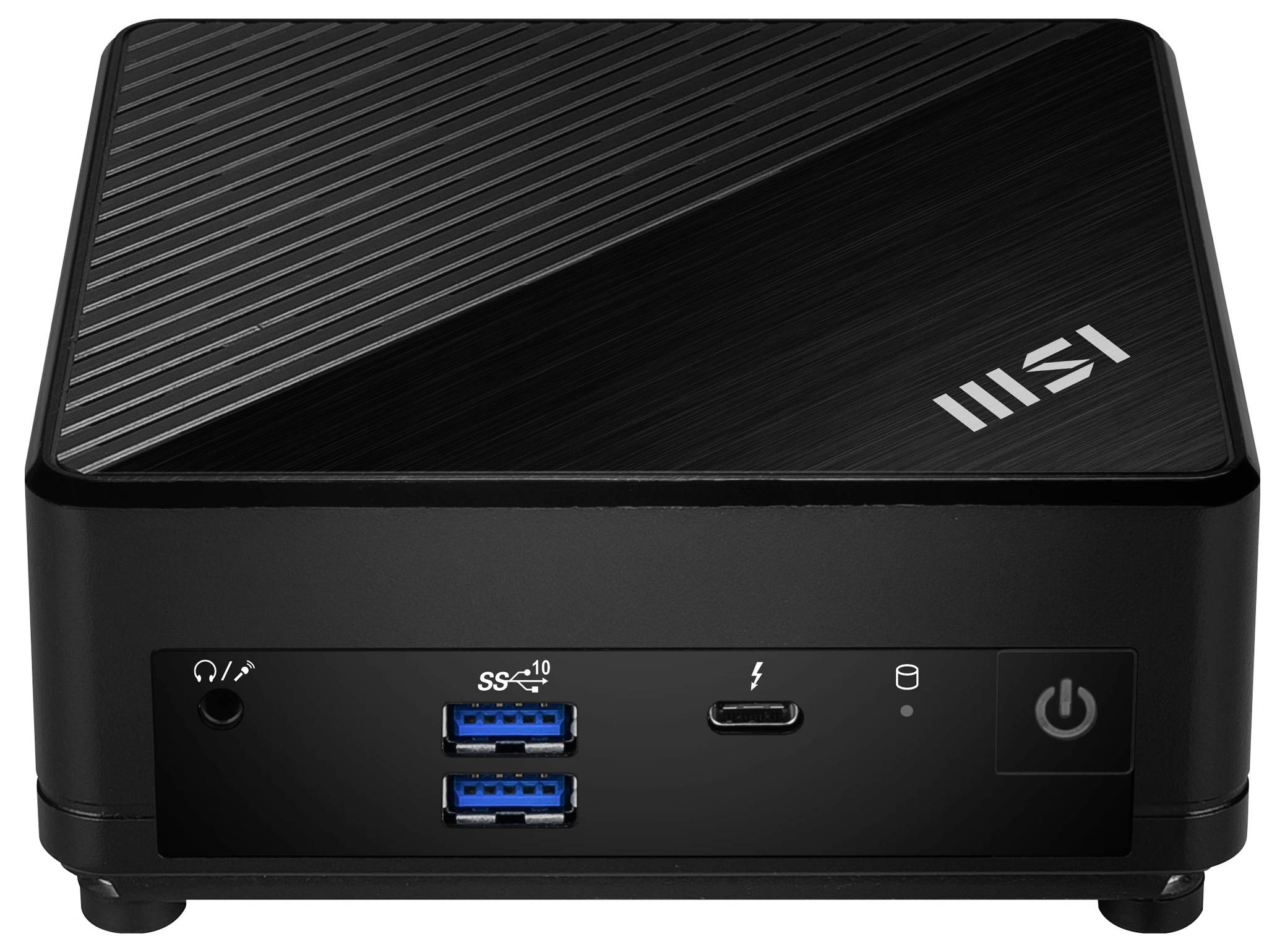 Schwarzer Mini-PC mit Logo, zwei USB-Ports, einem USB-C-Port und einem Einschaltknopf an der Vorderseite.