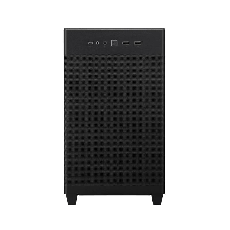 Ein schwarzes Computergehäuse mit Frontanschlüssen, darunter ein USB-C-Port, zwei USB-A-Ports und ein Kopfhöreranschluss.