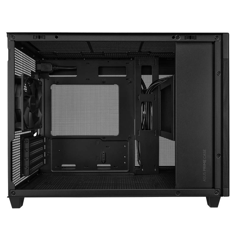Computergehäuse in schwarzem Design, offen zur Ansicht der internen Fächer. Eignung für PC-Komponentenmontage erkennbar.