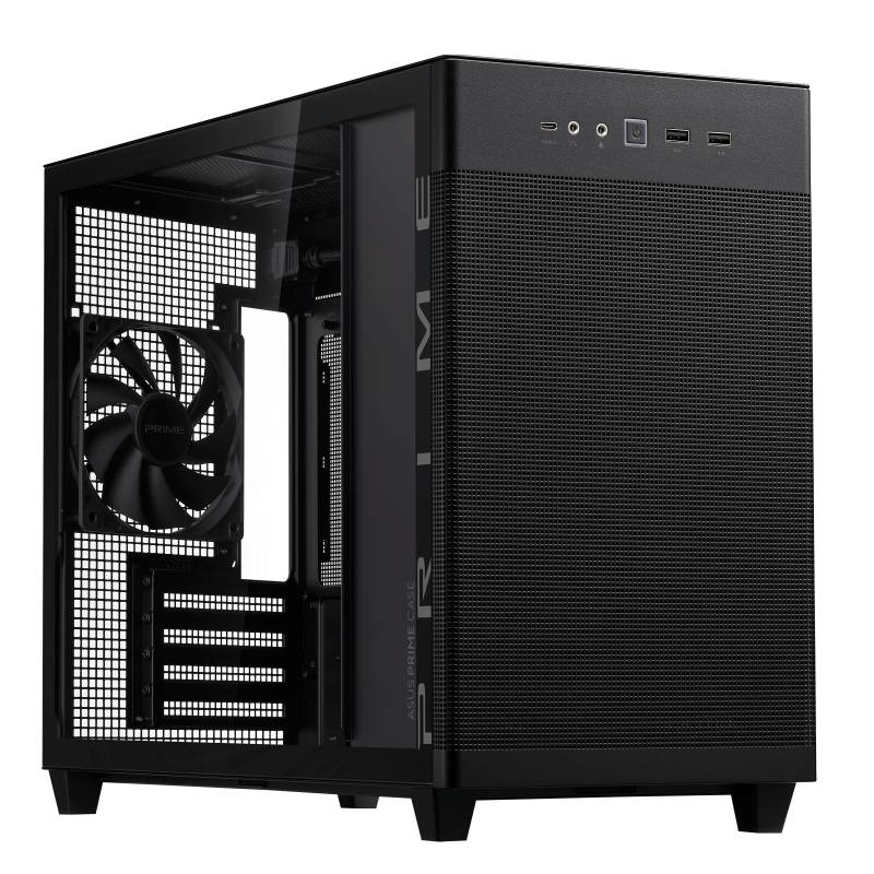 Schwarzes PC-Gehäuse mit seitlicher Glastür, sichtbare Lüfter und Belüftungsgitter an der Vorderseite. Schlichtes, modernes Design.