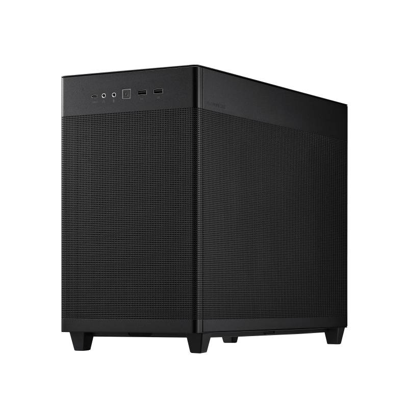 Ein schwarzer, rechteckiger Computergehäuse-Würfel mit mehreren Anschlüssen und einem Power-Knopf auf der Oberseite.