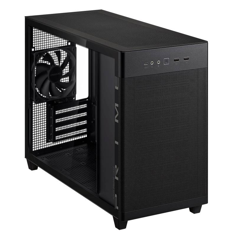 Schwarzes PC-Gehäuse mit offener Seitenwand, sichtbarem Lüfter, USB- und Audiobuchsen oben; minimalistische, rechteckige Form.