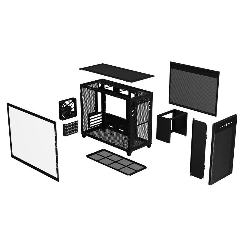 Zerlegtes PC-Gehäuse mit abgenommenen Seitenwänden, Deckel und Rückseite. Teile zeigen Belüftungsöffnungen und Lüfterpositionen.