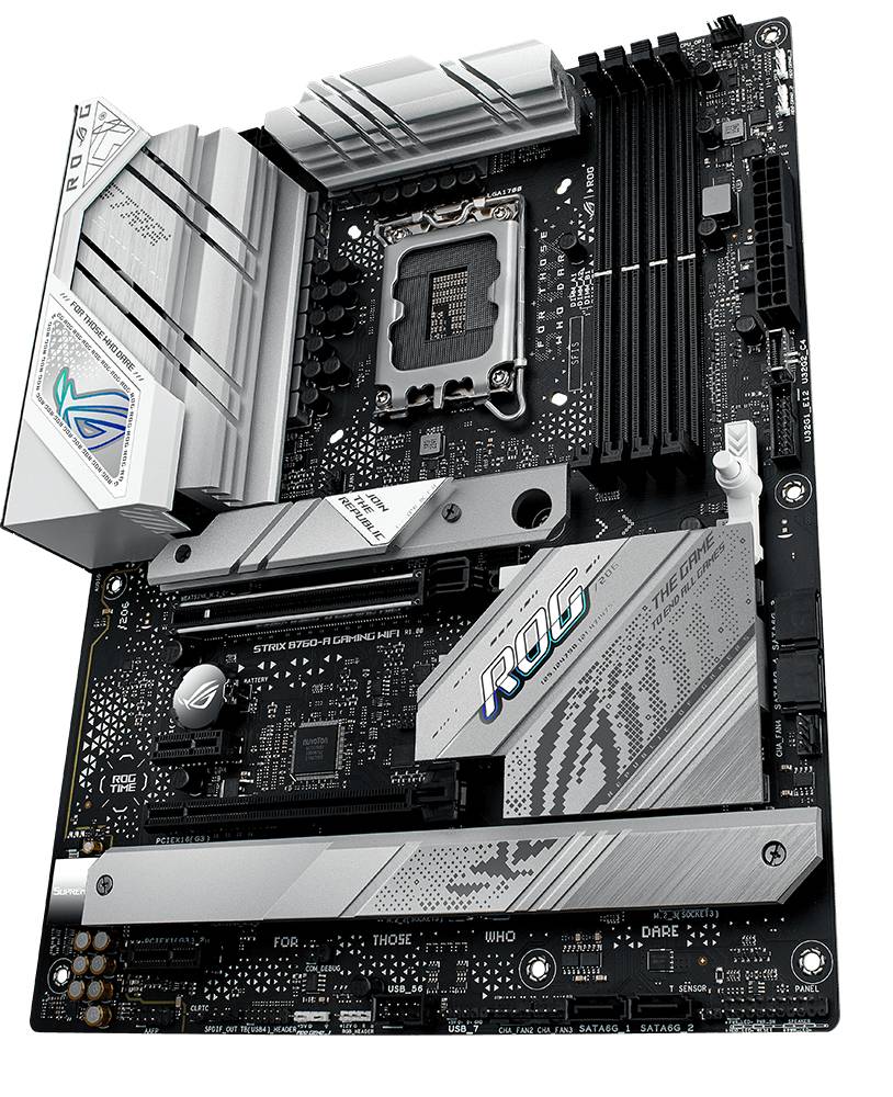 Ein Computer-Mainboard mit mehreren Steckplätzen und Komponenten. Ein großes 'ROG'-Logo ist sichtbar.