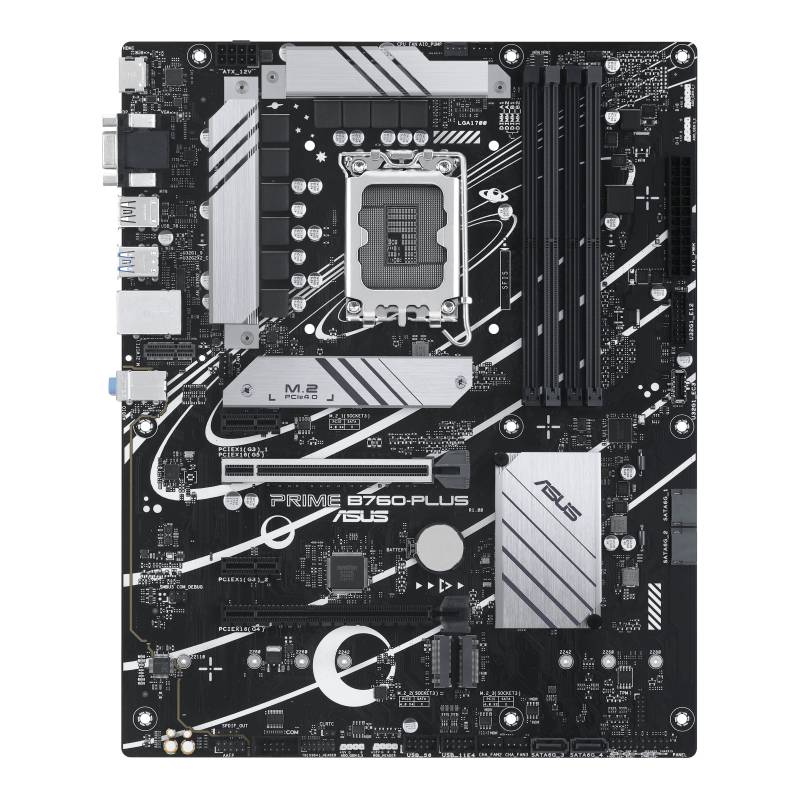 Mainboard ASUS Prime B760-Plus zeigt Anschlussoptionen, PCIe-Steckplätze und RAM-Slots für PC-Komponenten-Integration.