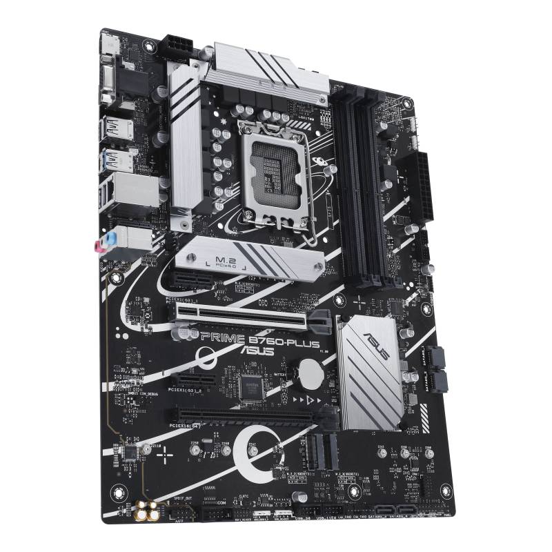 Eine schwarze Computer-Mainboard-Platine mit silbernen Kühlkörpern, zahlreichen Steckplätzen und Anschlüssen für verschiedene PC-Komponenten.