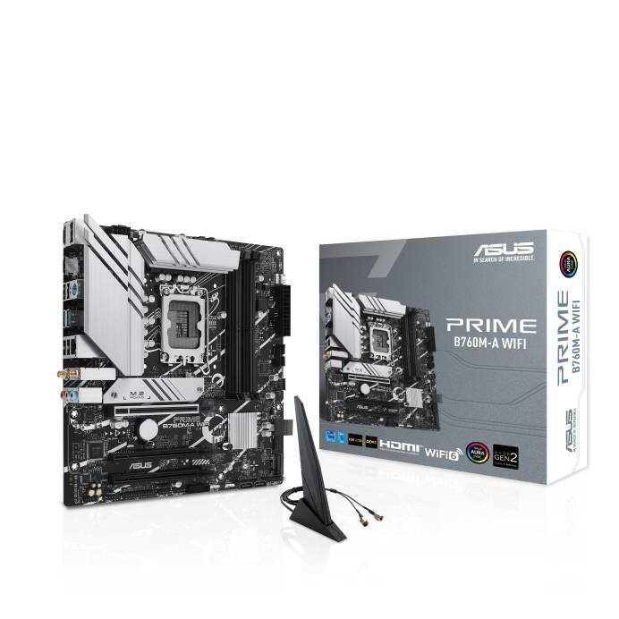 Eine ASUS PRIME B760M-A WIFI Motherboard-Verpackung mit Abbildung des Produkts, hervorgehobener Modellbezeichnung und WLAN-Antenne.