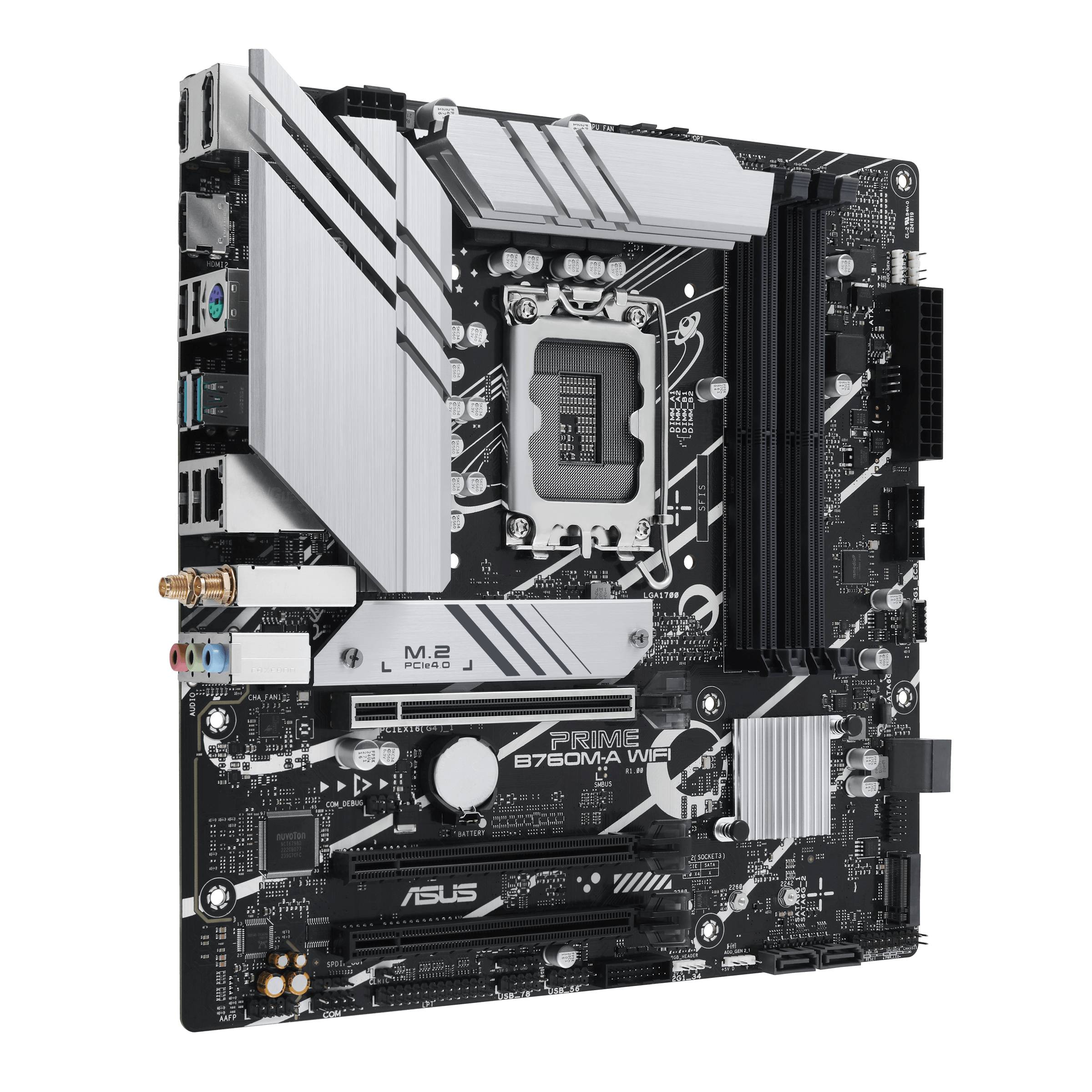 Computermainboard mit schwarzem und silbernem Design, zeigt Steckplätze für CPU, RAM, PCIe und Anschlüsse für Peripheriegeräte.