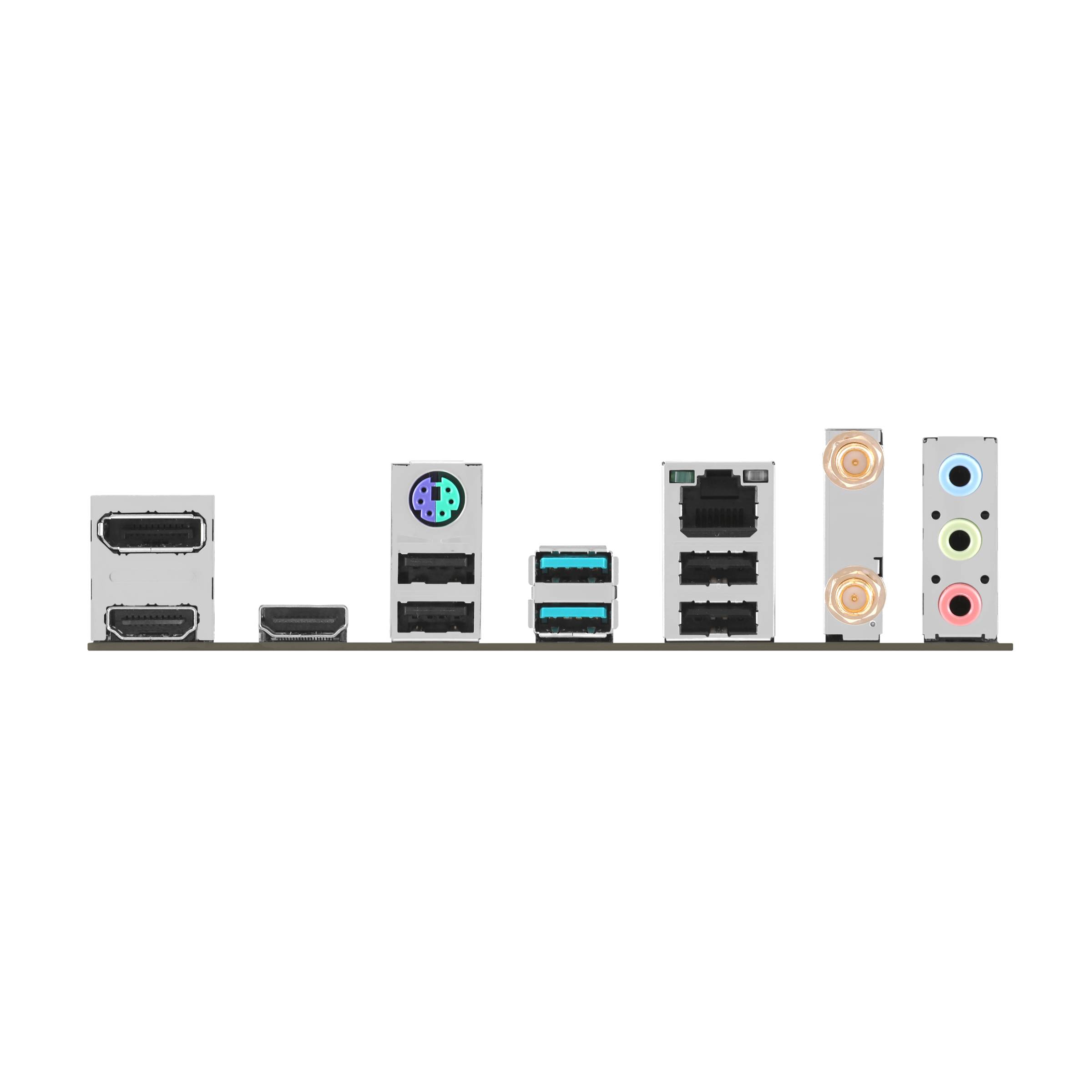 Rückseite eines Computer-Motherboards mit verschiedenen Anschlüssen wie HDMI, USB, Ethernet und Audiobuchsen.