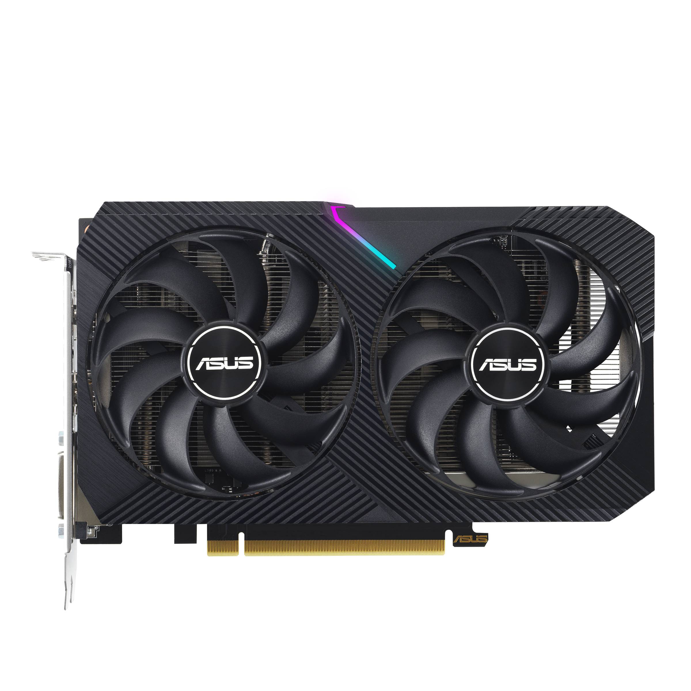 Eine schwarze ASUS-Grafikkarte mit zwei Lüftern und RGB-Beleuchtung auf der Oberseite.