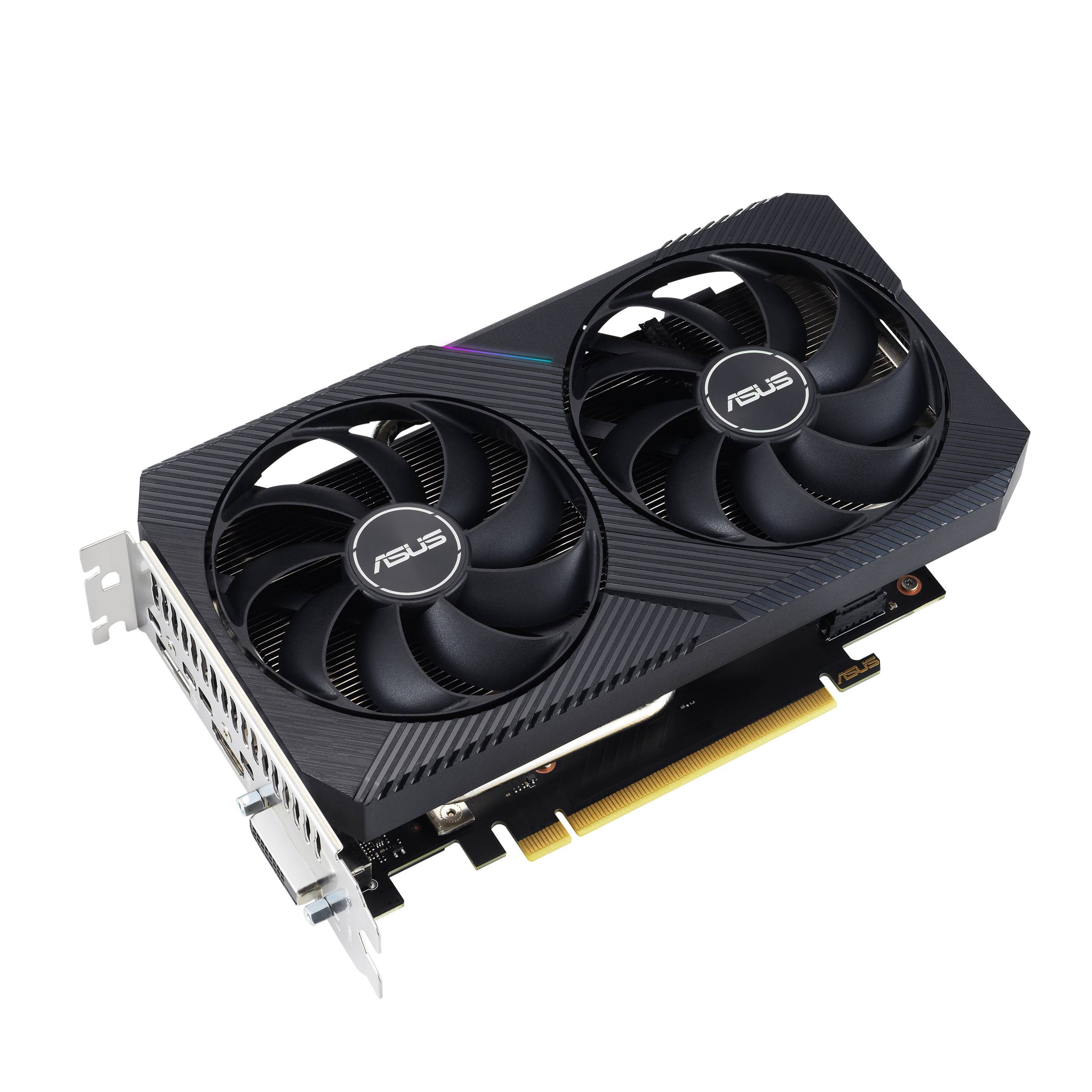 Eine schwarze Grafikkarte mit zwei großen Lüftern und einem Asus-Logo auf jedem Lüfter. Sie hat eine goldene Anschlussleiste links unten.