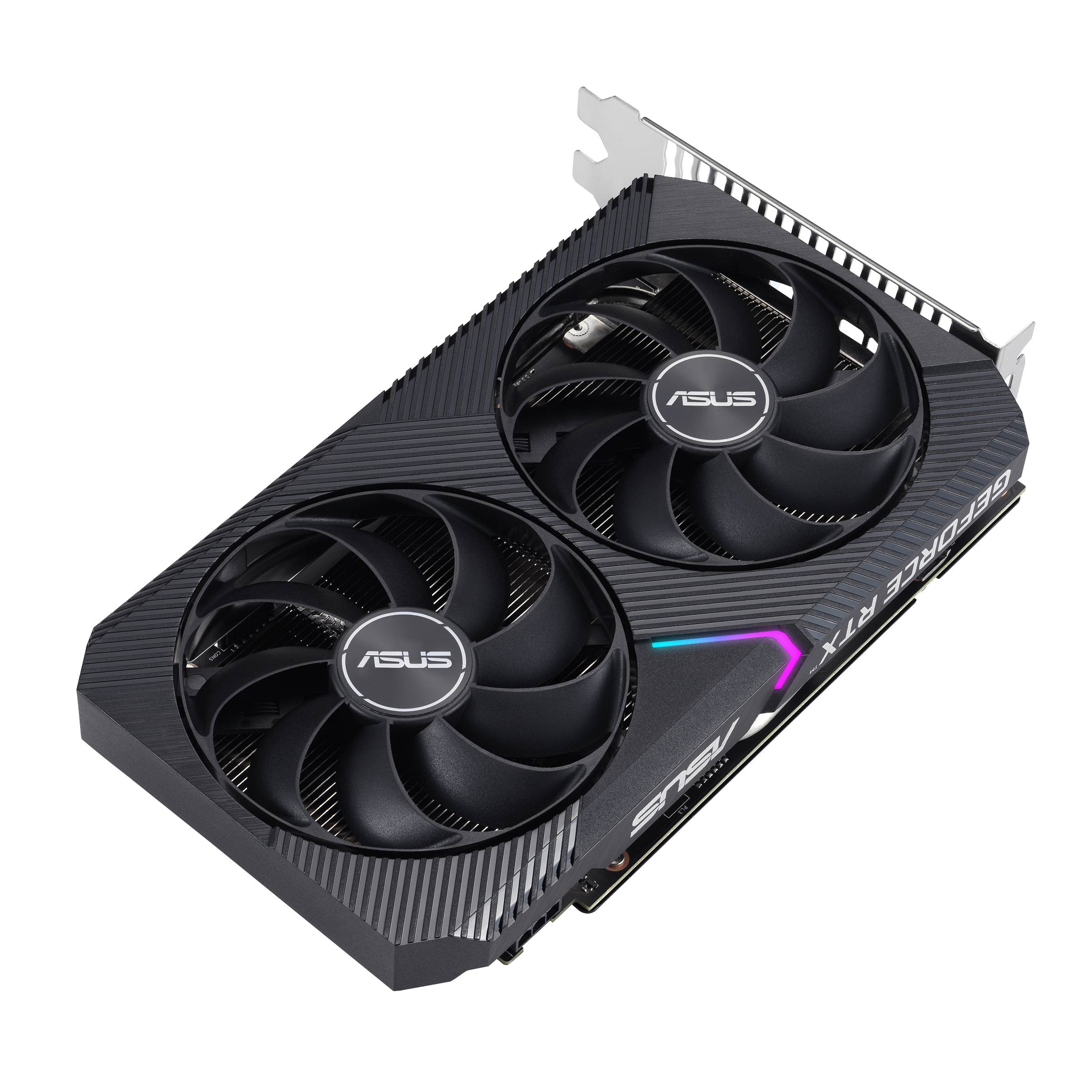 ASUS Grafikkarte mit zwei Lüftern und GeForce RTX Branding, geeignet für leistungsstarkes Gaming und Grafikverarbeitung.