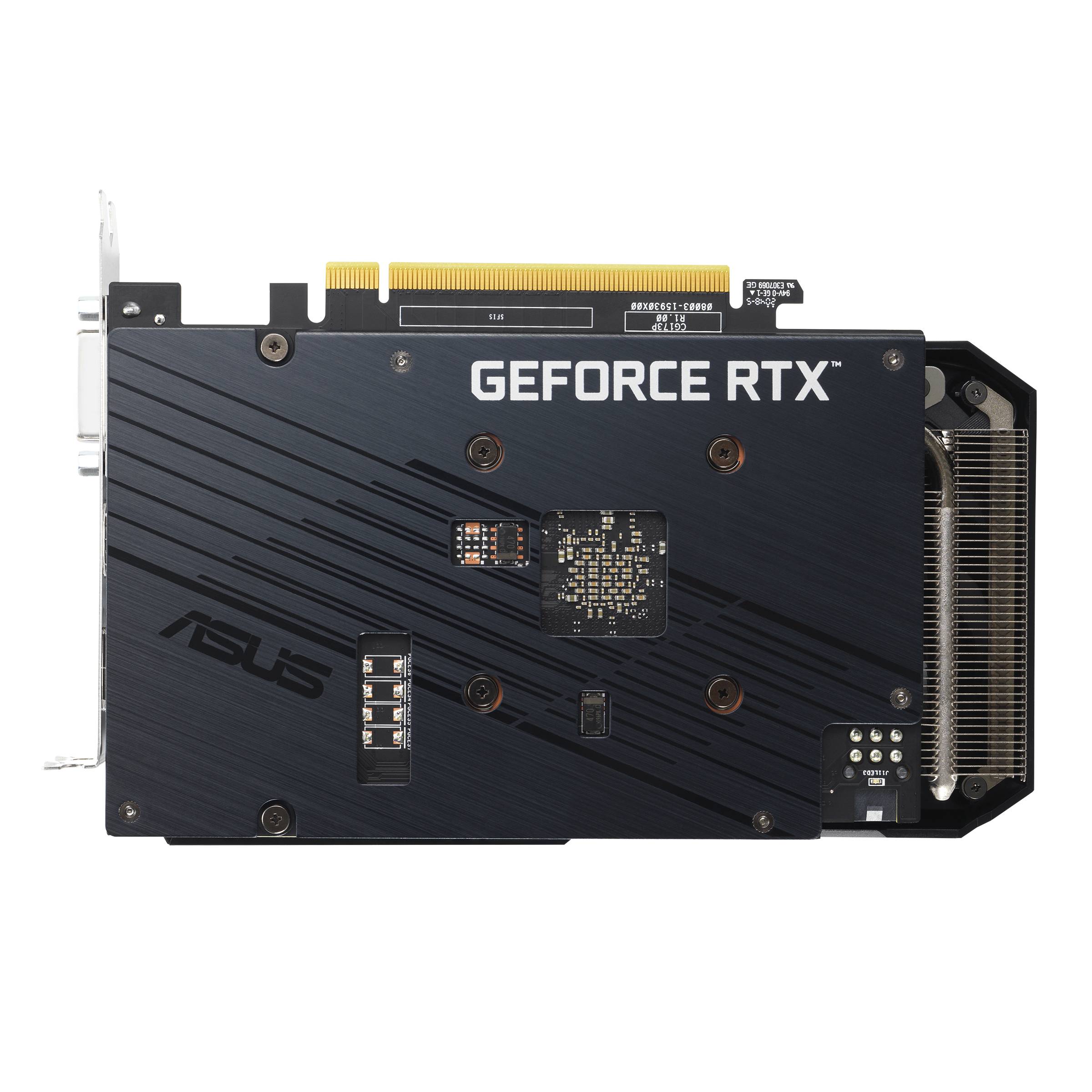 'Grafikkarte ASUS GeForce RTX' mit schwarz-goldenem Design, PCIe-Anschluss und Lüfter. Vorgesehen für leistungsstarkes Gaming.