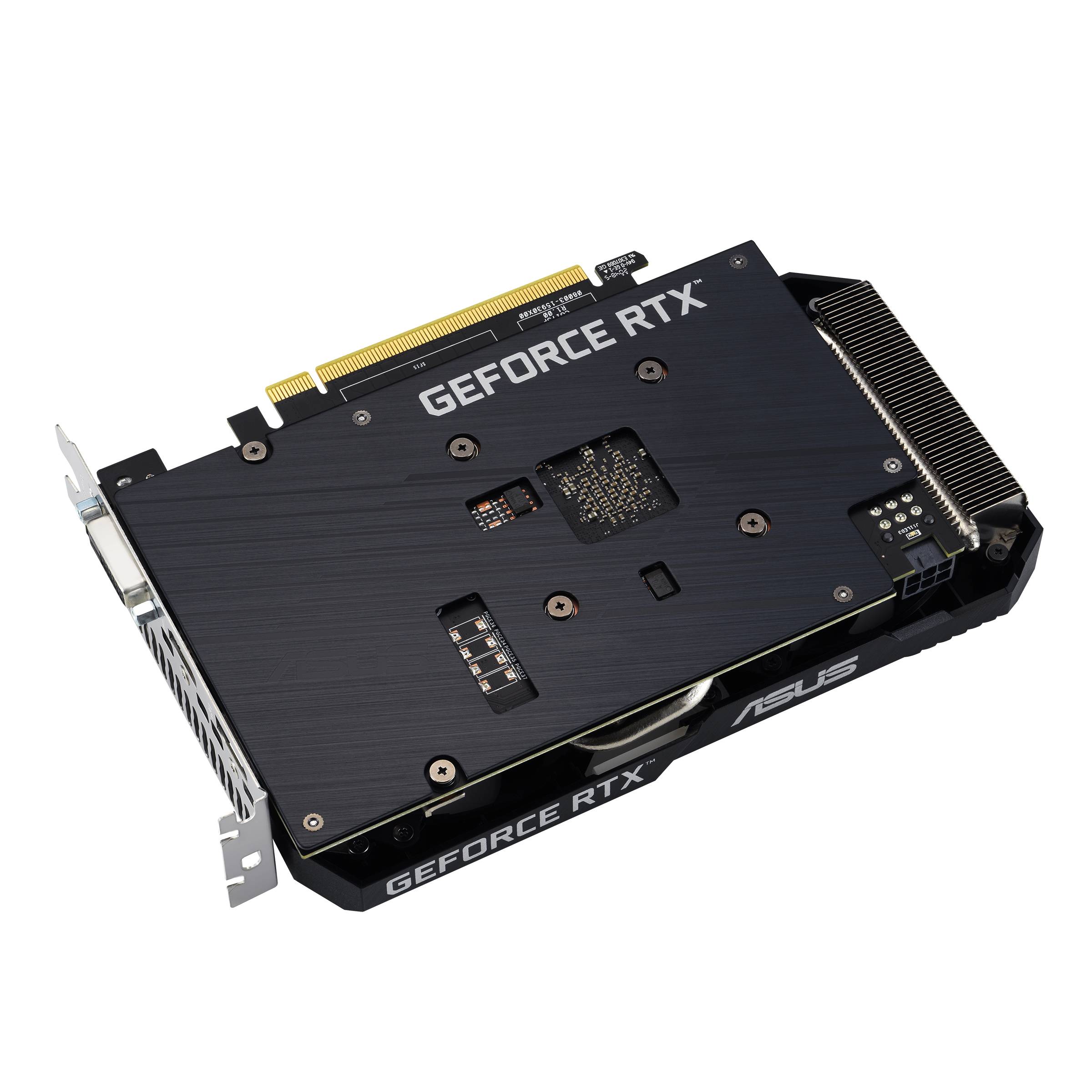 Grafikkarte NVIDIA GeForce RTX von ASUS, schwarze Platte mit goldenen Kontakten, integriert in Computerhardware, seitliche Ansicht.