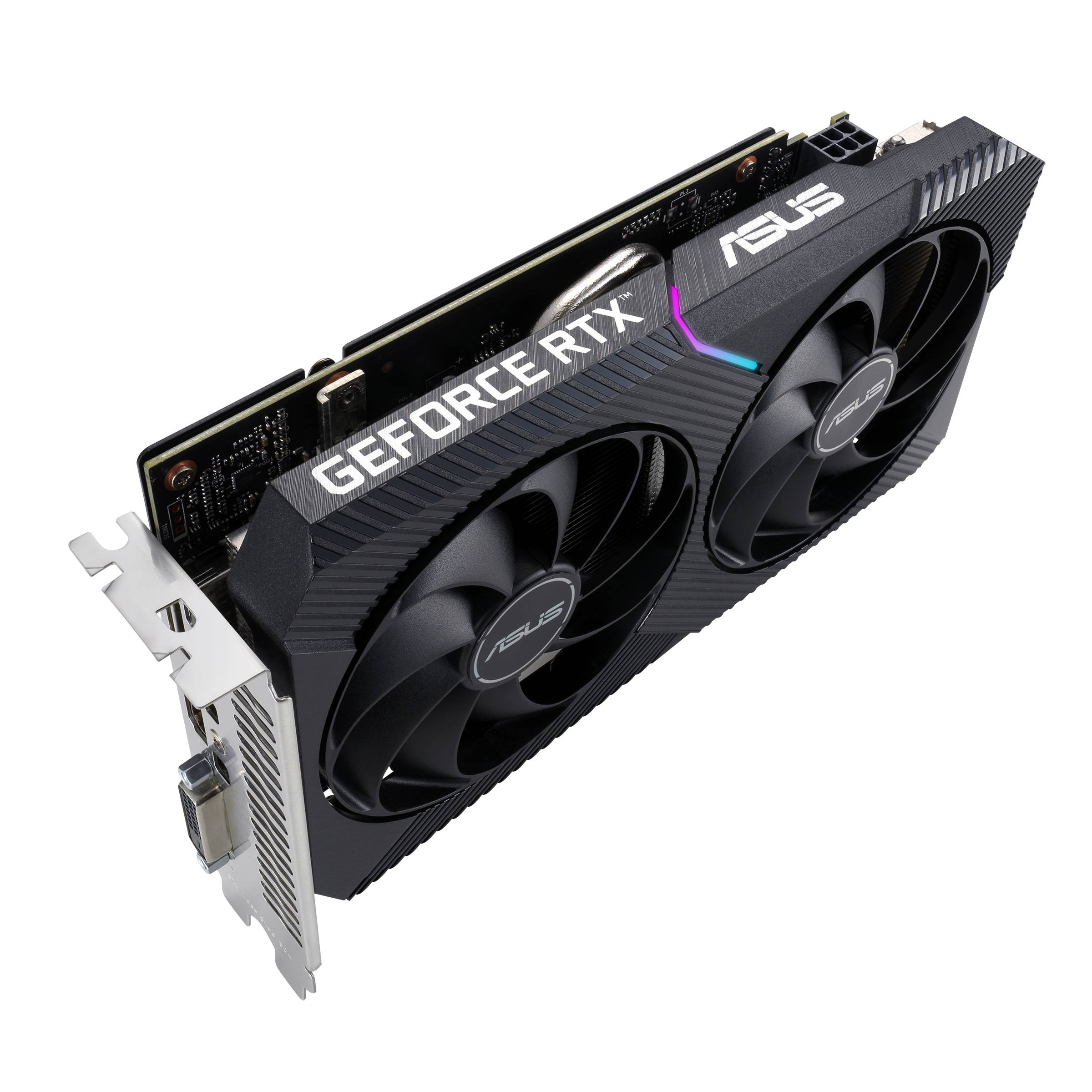 Eine ASUS-Grafikkarte mit zwei Lüftern, markiert mit 'GeForce RTX'. Die Karte ist für PCs entwickelt, Leistungsmerkmal sichtbar.