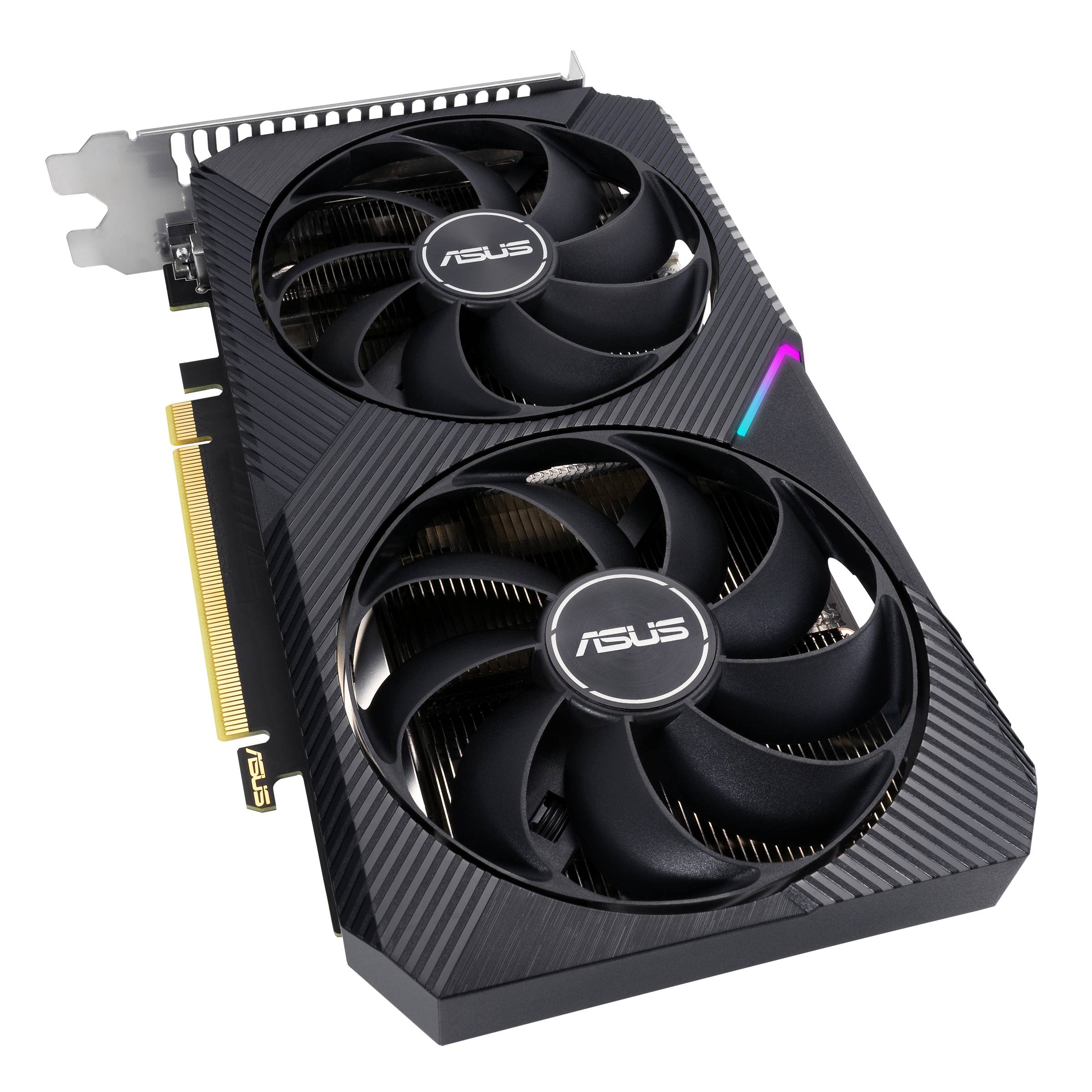 Eine ASUS-Grafikkarte mit zwei Lüftern, schwarz mit violetten Akzenten, in diagonalem Blickwinkel dargestellt.