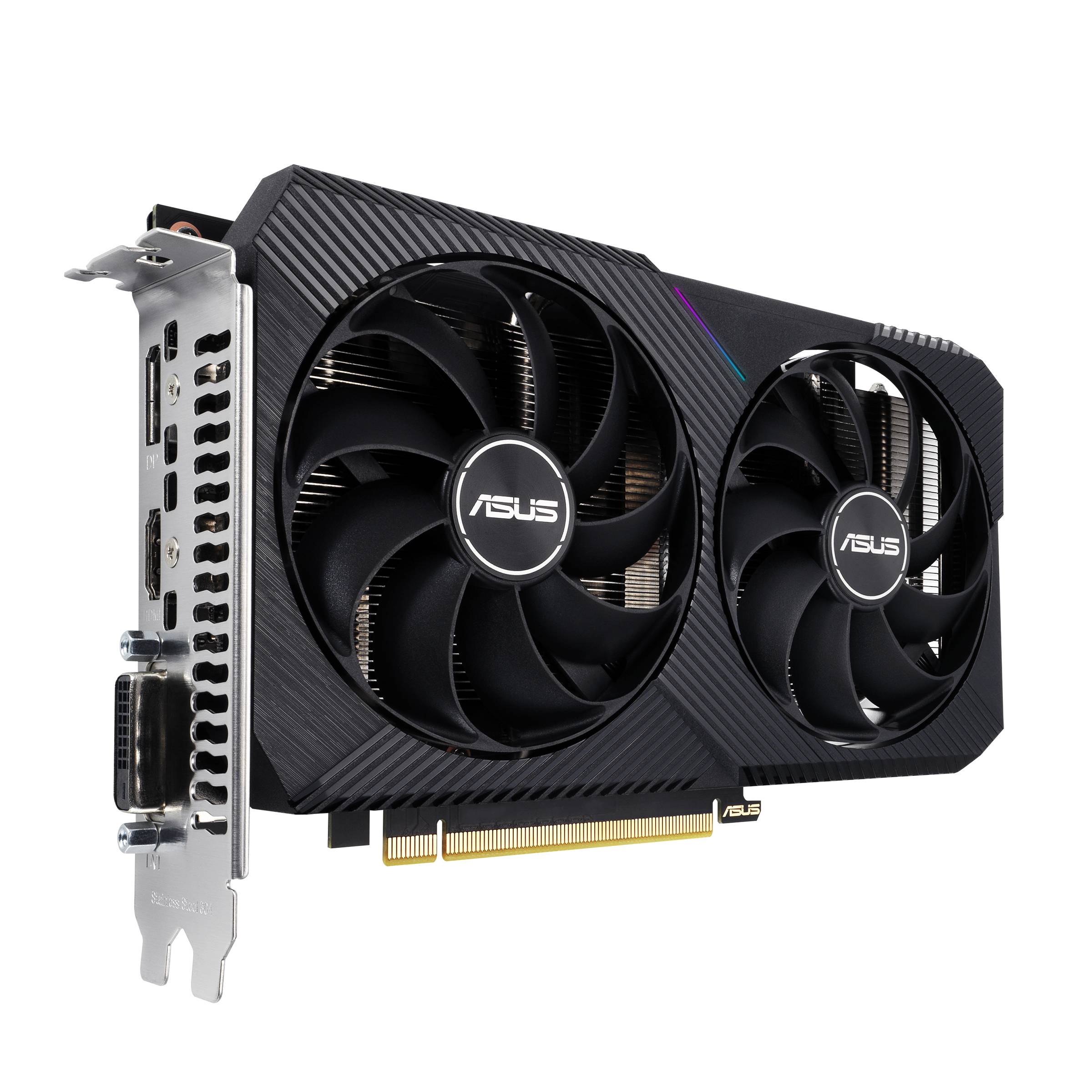 Eine schwarze ASUS Grafikkarte mit zwei großen Lüftern, mehreren Anschlussmöglichkeiten auf der linken Seite und goldfarbenem PCIe-Anschluss unten.