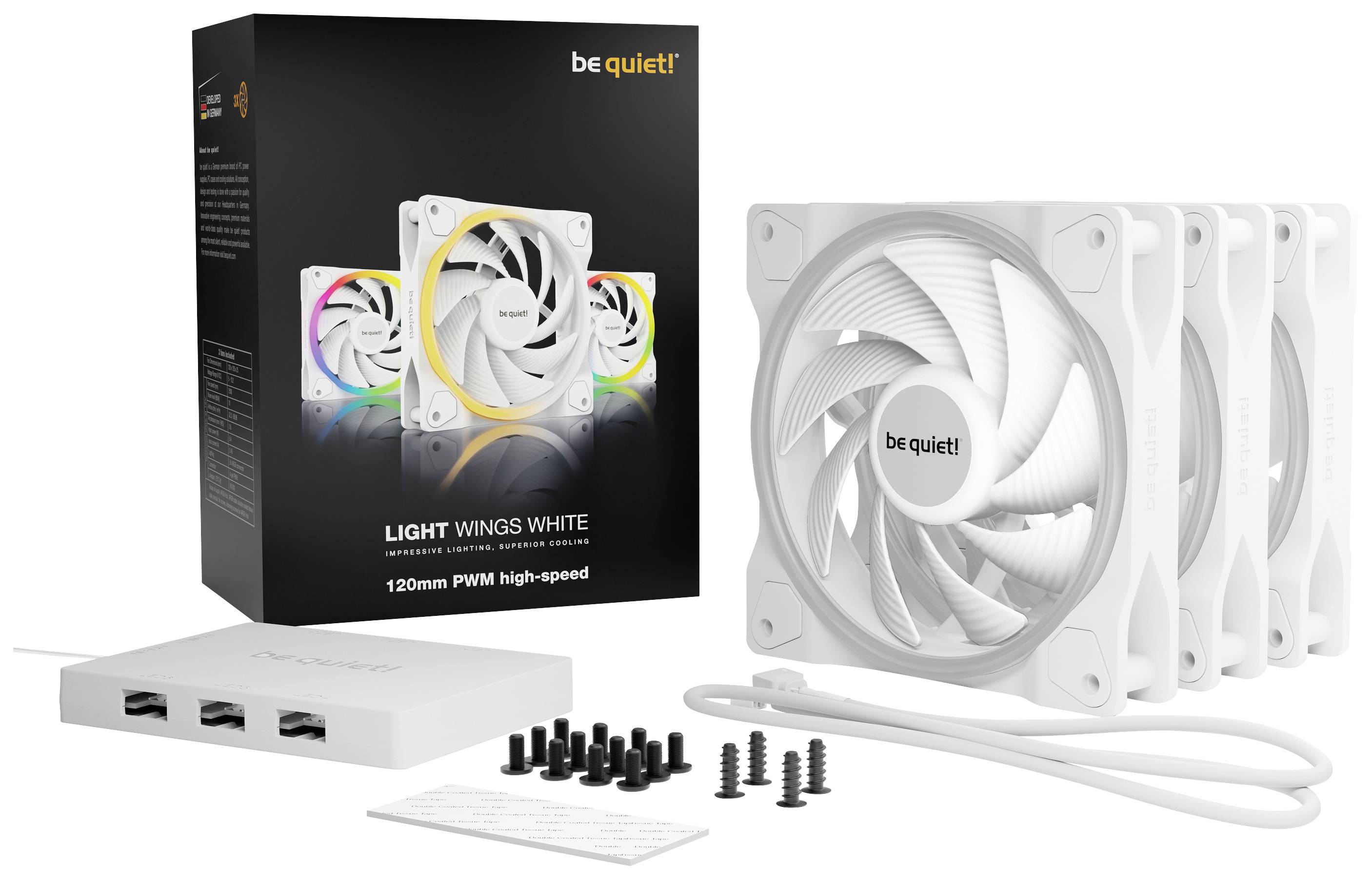 Be quiet! Light Wings White 120mm PWM-Lüfter-Set mit drei Lüftern, Steuermodul, Kabel und Schrauben, in weißer Ausführung gezeigt.