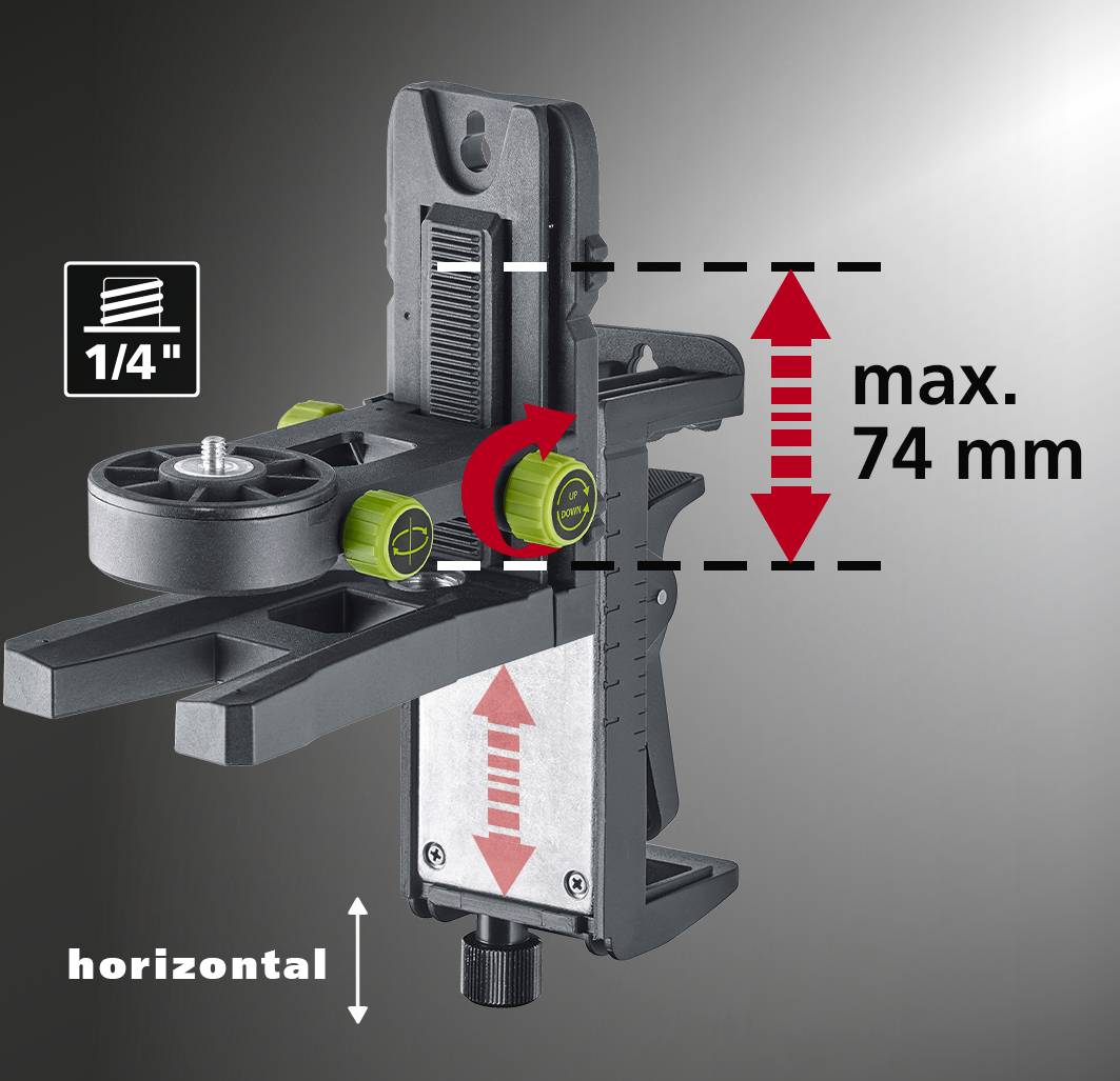 Halterung mit Wasserwaagen und Skalierung für horizontale Justierung. Maximale Höhe: 74 mm. Geeignet für 1/4 Zoll Gewinde.