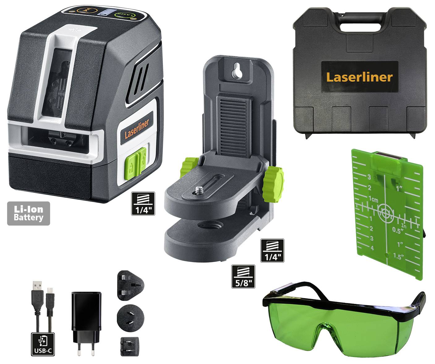 Laser-Wasserwaagen-Set mit Lasergerät, Wandhalterung, grüner Schutzbrille, Ladegerät, USB-C-Kabel, Tragetasche und Adapter.