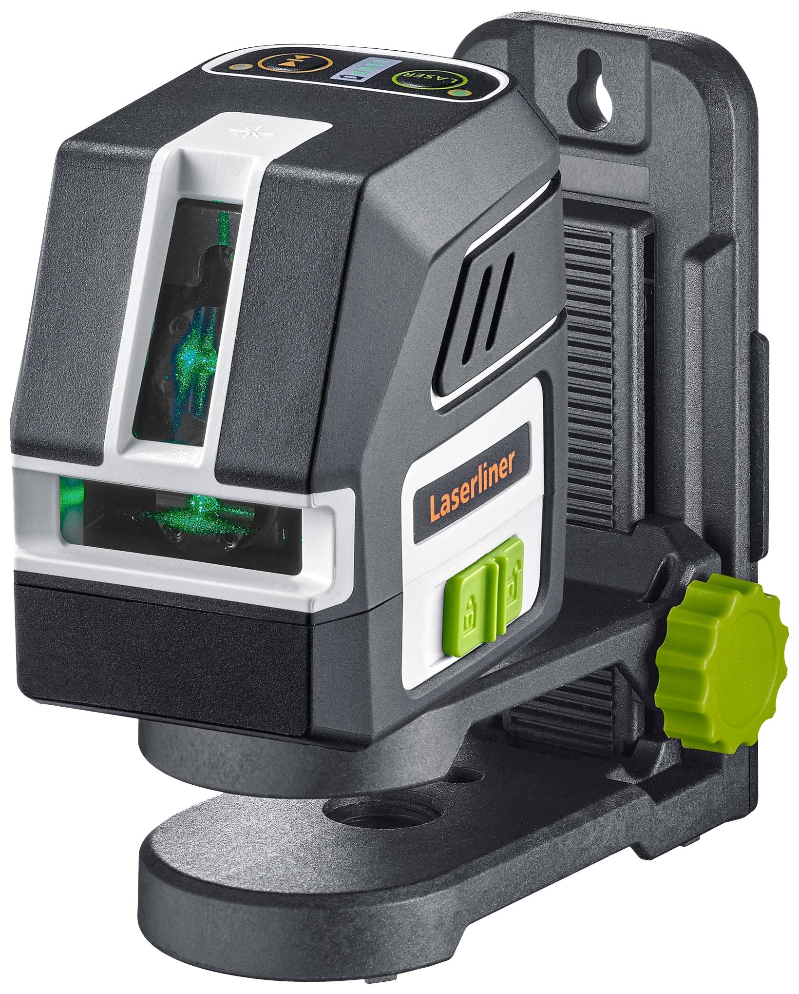 Ein digitales Laser-Wasserwaage-Gerät von Laserliner, montiert auf einer Wandhalterung, zeigt grüne Laserlinien zur Nivellierung.