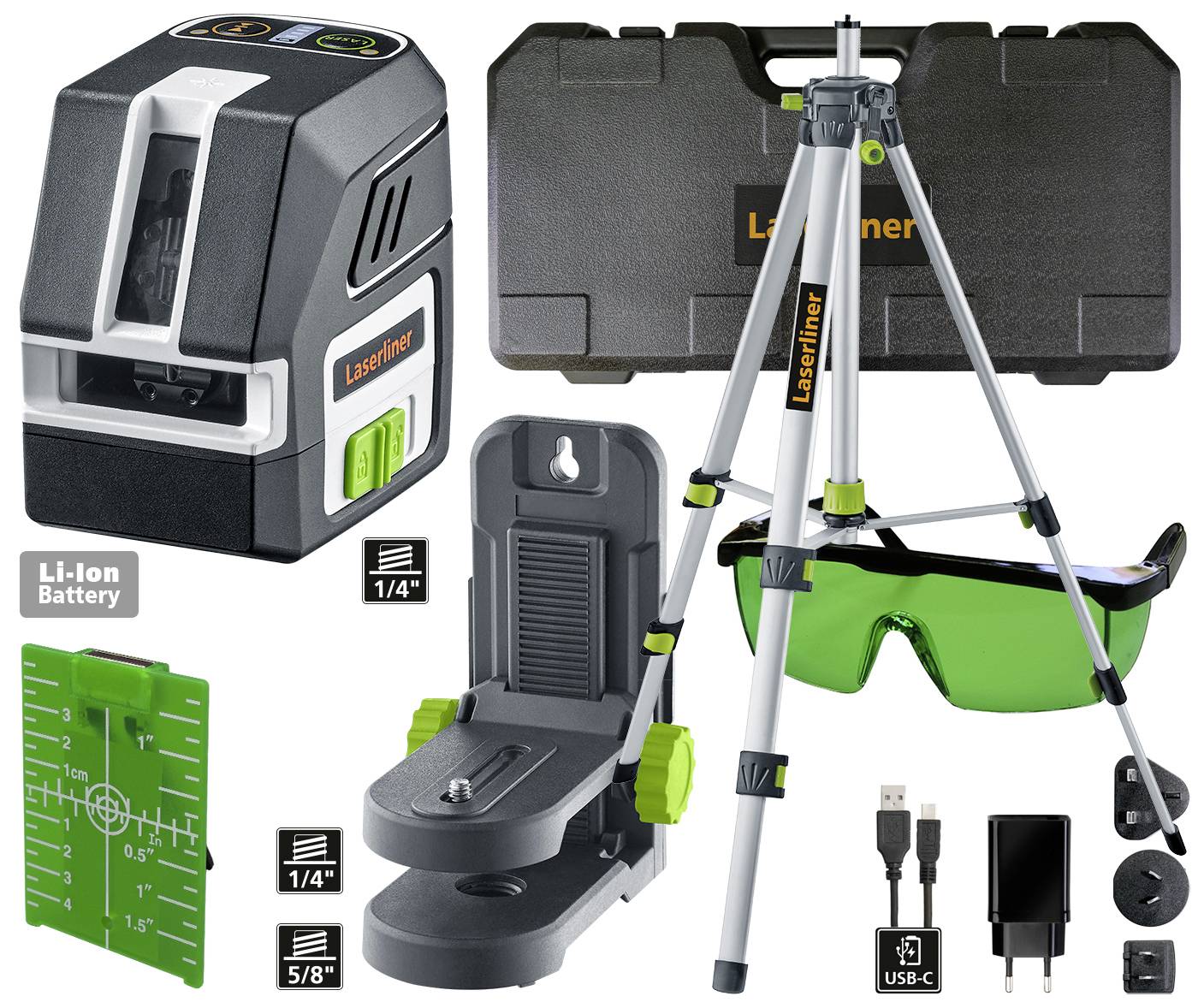 Laser-Nivelliergerät-Set mit Stativ, grüner Schutzbrille, Ladegerät, USB-C-Kabel und Tragetasche. Enthält 1/4