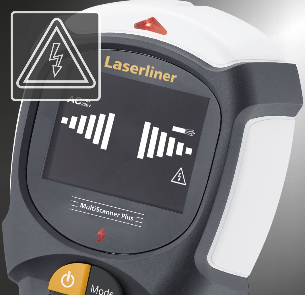 Ein elektronisches Gerät mit Bildschirm zeigt Diagramme und ein Blitzsymbol als Warnhinweis. Beschriftung 'Laserliner' sichtbar.