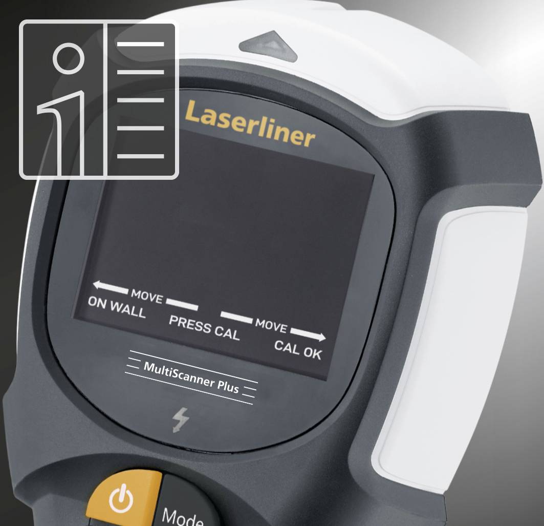 Ein digitales Gerät zur Wandmessung mit Display, zeigt Anweisungen 'MOVE ON WALL', 'PRESS CAL', 'MOVE ON CAL', 'CAL OK'.