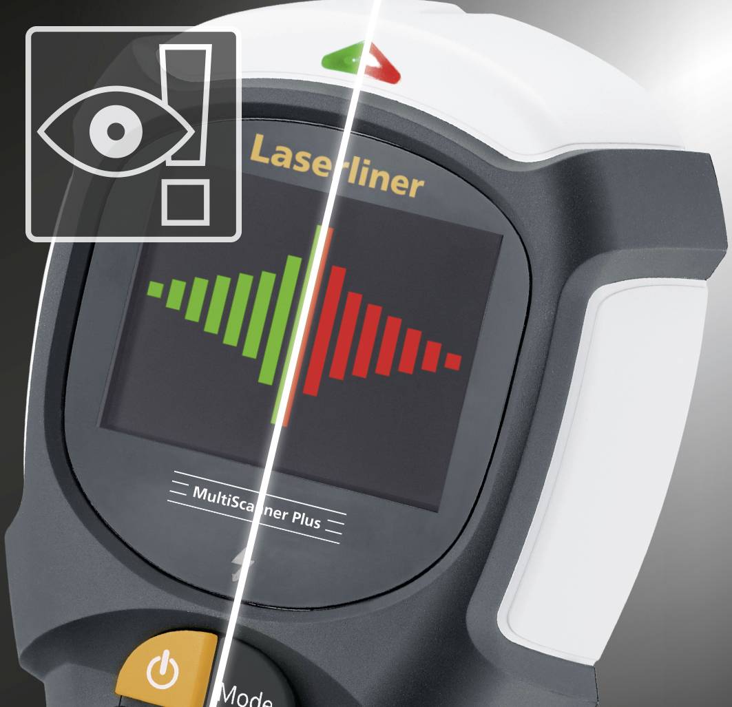 Digitales Messgerät mit Display, das grüne und rote Balkendiagramme zeigt. Ein Auge-Symbol mit Ausrufezeichen ist hervorgehoben.