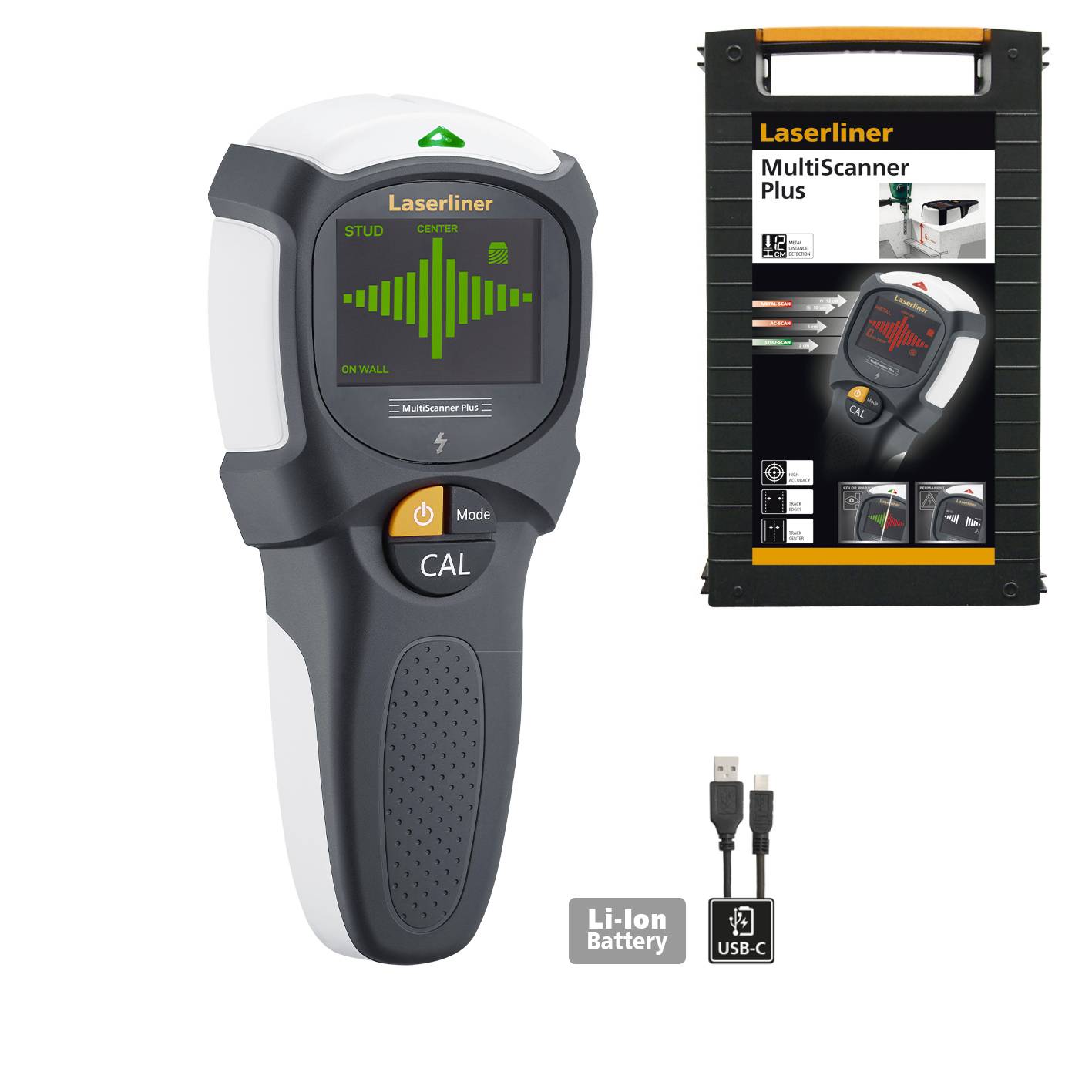 Ein elektronisches Messgerät zur Erkennung von Leitungen und Objekten in Wänden. Rechts daneben die Produktverpackung.