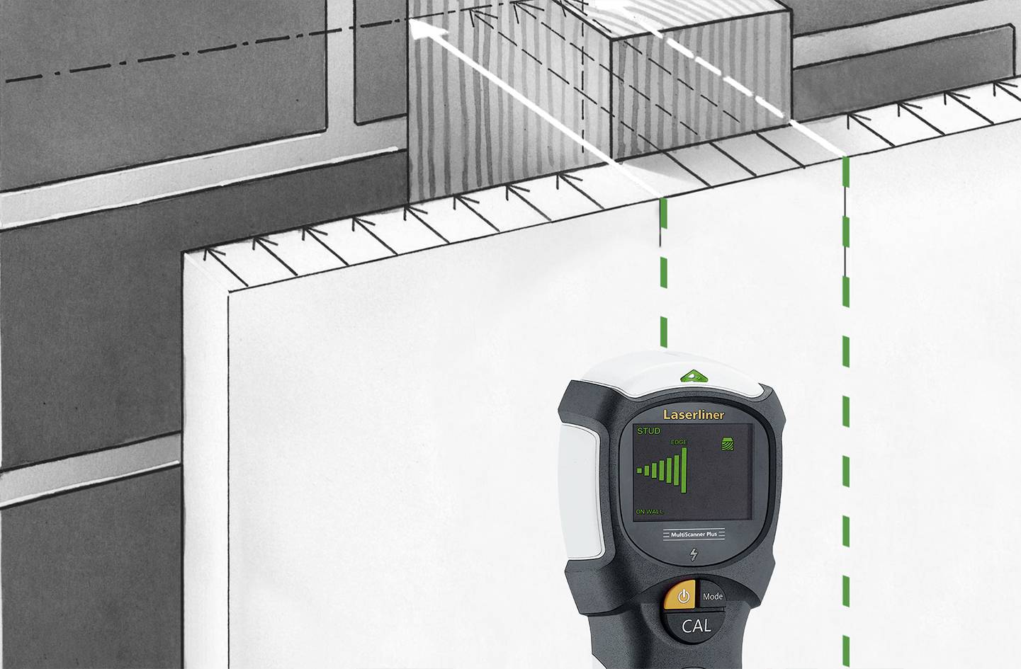 Ein Laserdistanzmesser misst den Abstand zu einer Wand mit grünen Linien, die den Messbereich anzeigen. Hintergrund zeigt technische Zeichnung.