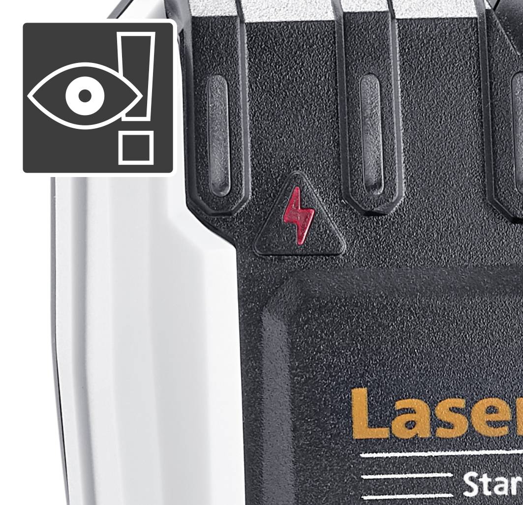 Nahaufnahme eines Geräts mit Blitzsymbol und 'Laser' Text, signalisiert Vorsicht bei Laserbetrieb, schwarzes und weißes Gehäuse.