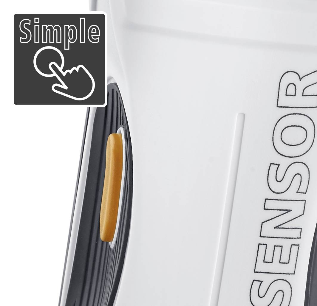 Nahaufnahme eines Sensors mit einem orangen Knopf. Ein Icon oben links zeigt eine Hand, die auf ein Display tippt, mit dem Wort 'Simple'.