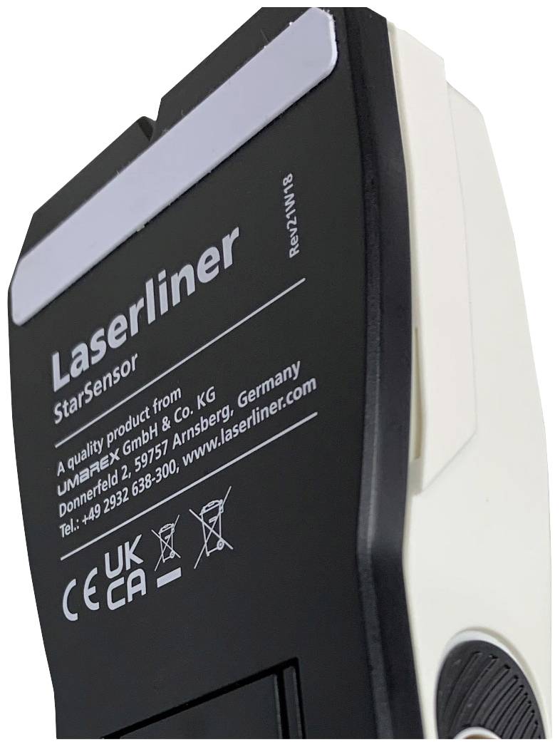Ein Laserliner StarSensor-Gerät, das technische Informationen und Kontaktdaten des Herstellers auf der Rückseite zeigt.