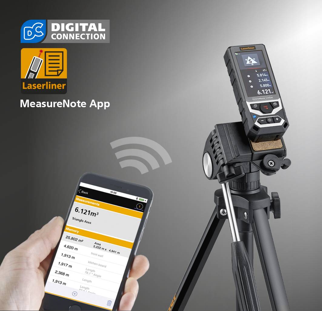 Ein Laser-Entfernungsmesser auf einem Stativ verbindet sich digital mit der 'MeasureNote'-App auf einem Smartphone zur Messung.